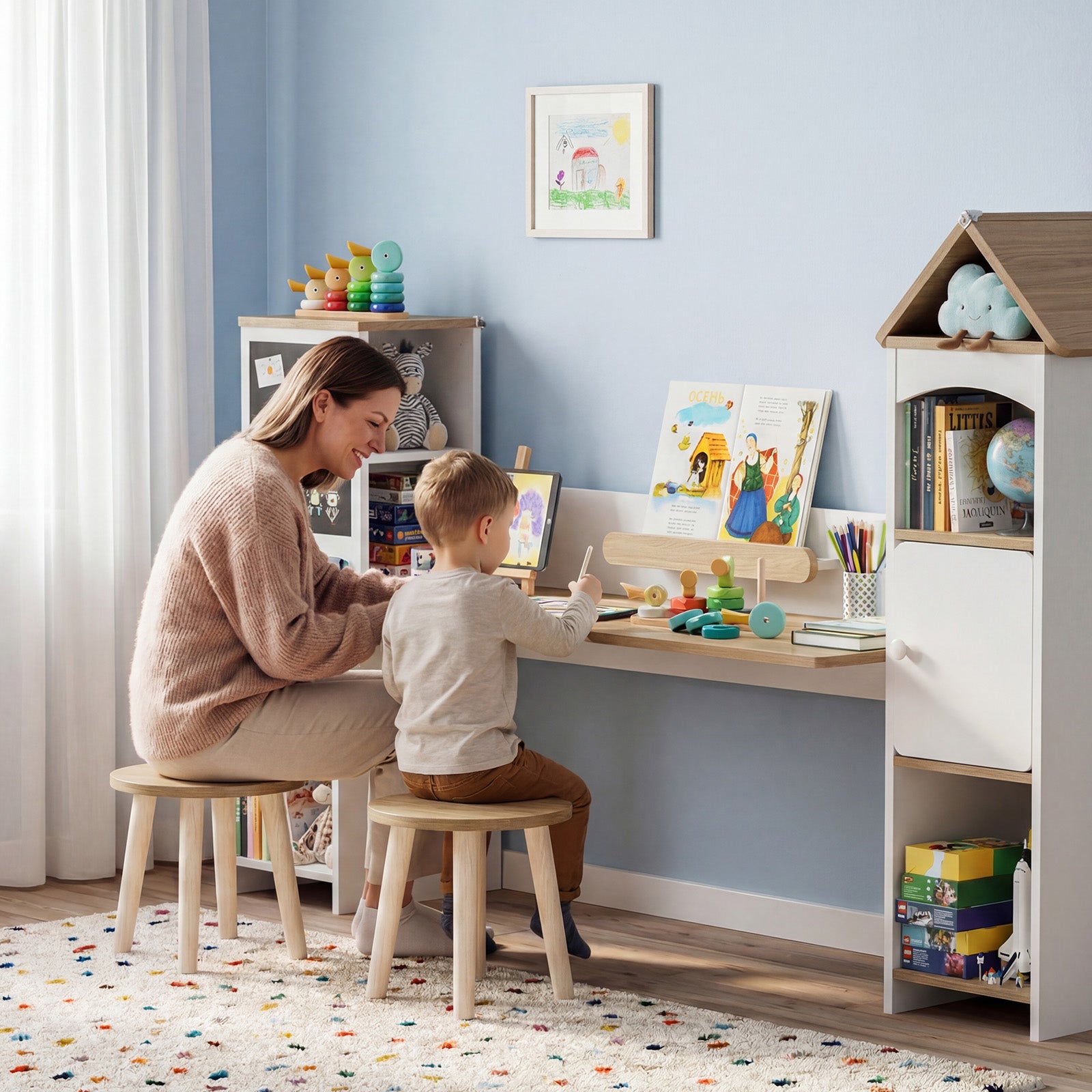 Advwin House-Shaped Kids Desk with Blackboard