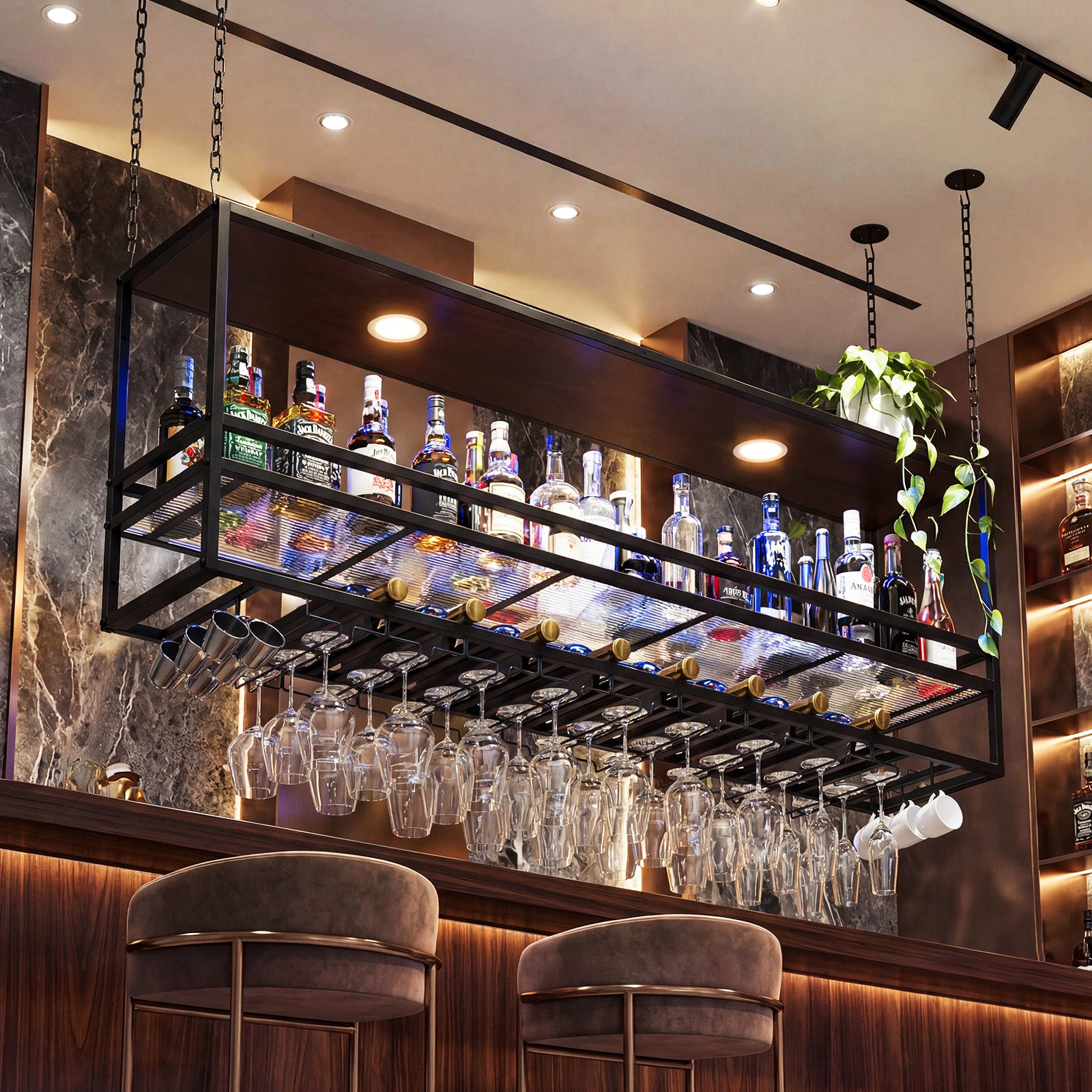 Advwin 55" Industrial Ceiling Wine Glass Rack with LED