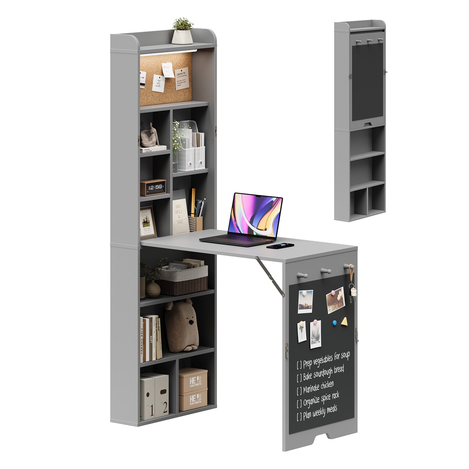 Gray L-shaped desk with shelves and a laptop on a white background