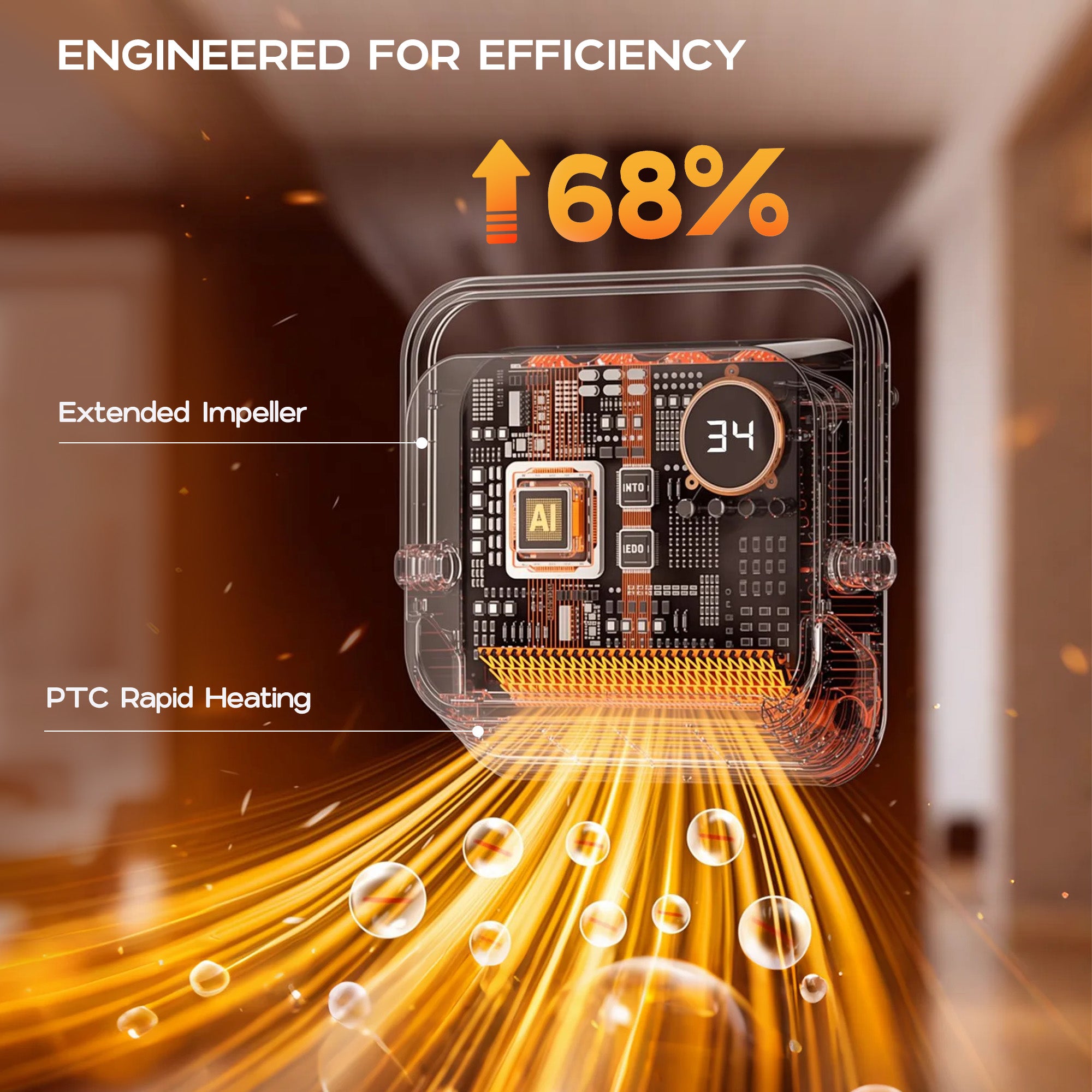 Electronic component with text 'Engineered for Efficiency' and '68%' on a blurred background