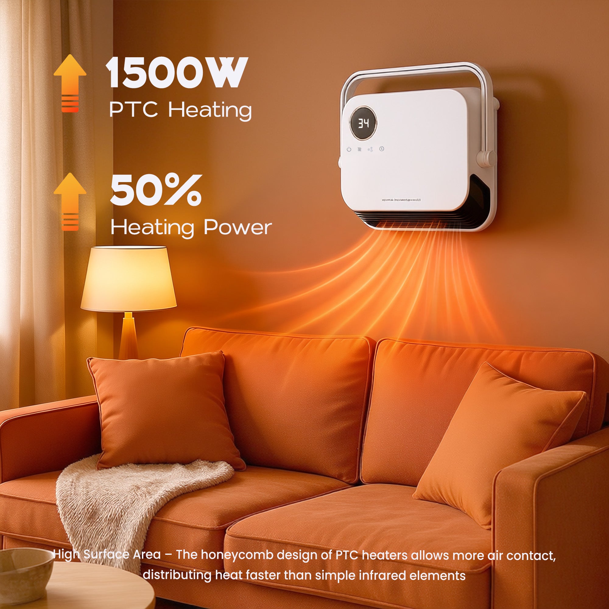 Wall-mounted PTC heater with 1500W heating power in a living room setting.