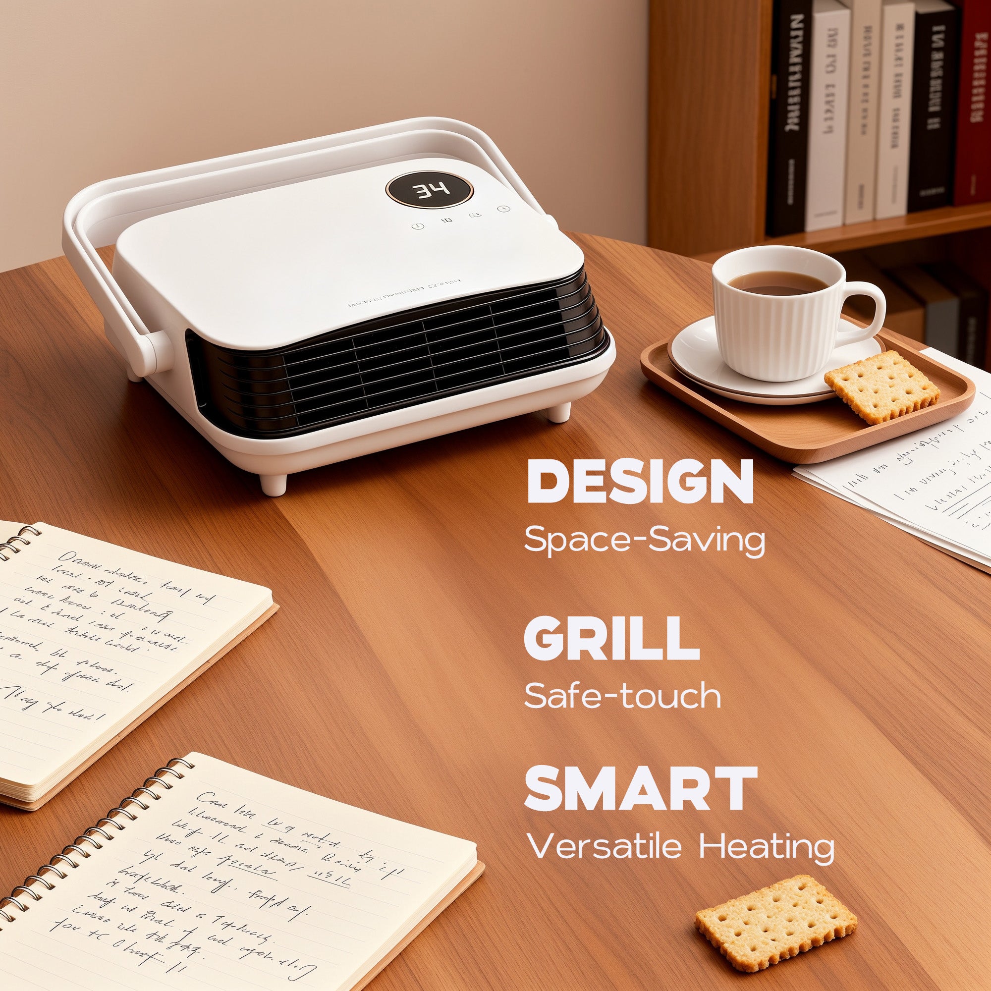 Small white space-saving heater on a wooden desk with coffee and snacks, featuring text on design, grill, and smart features.