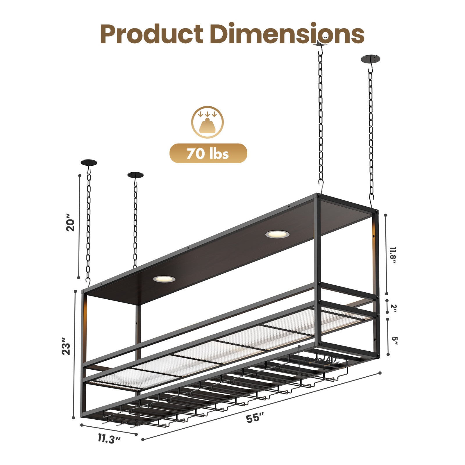 Advwin 55" Industrial Ceiling Wine Glass Rack with LED