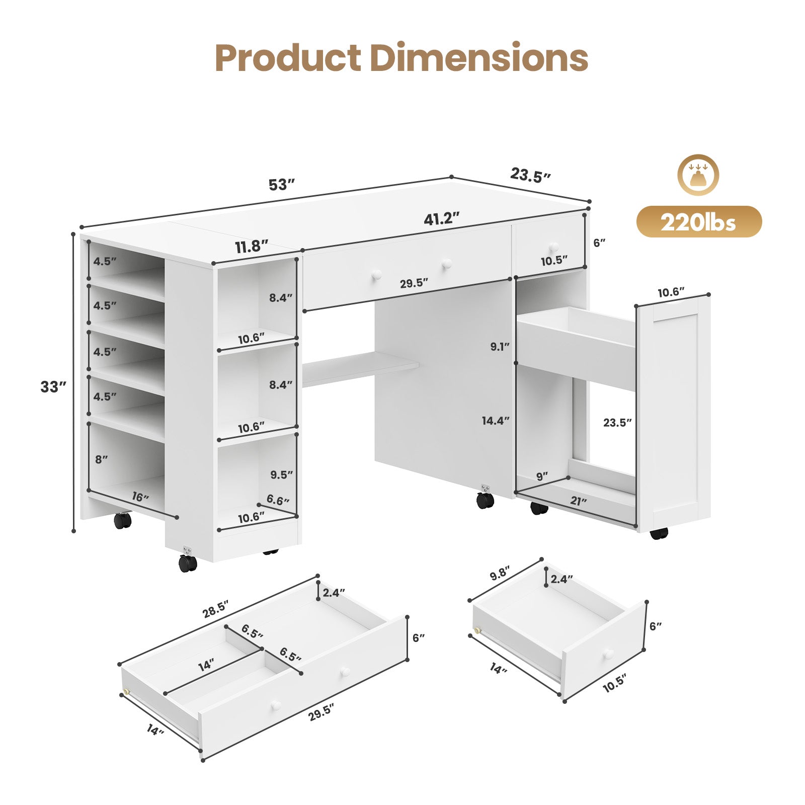Advwin Rolling Craft Table w/ Adjustable Shelves