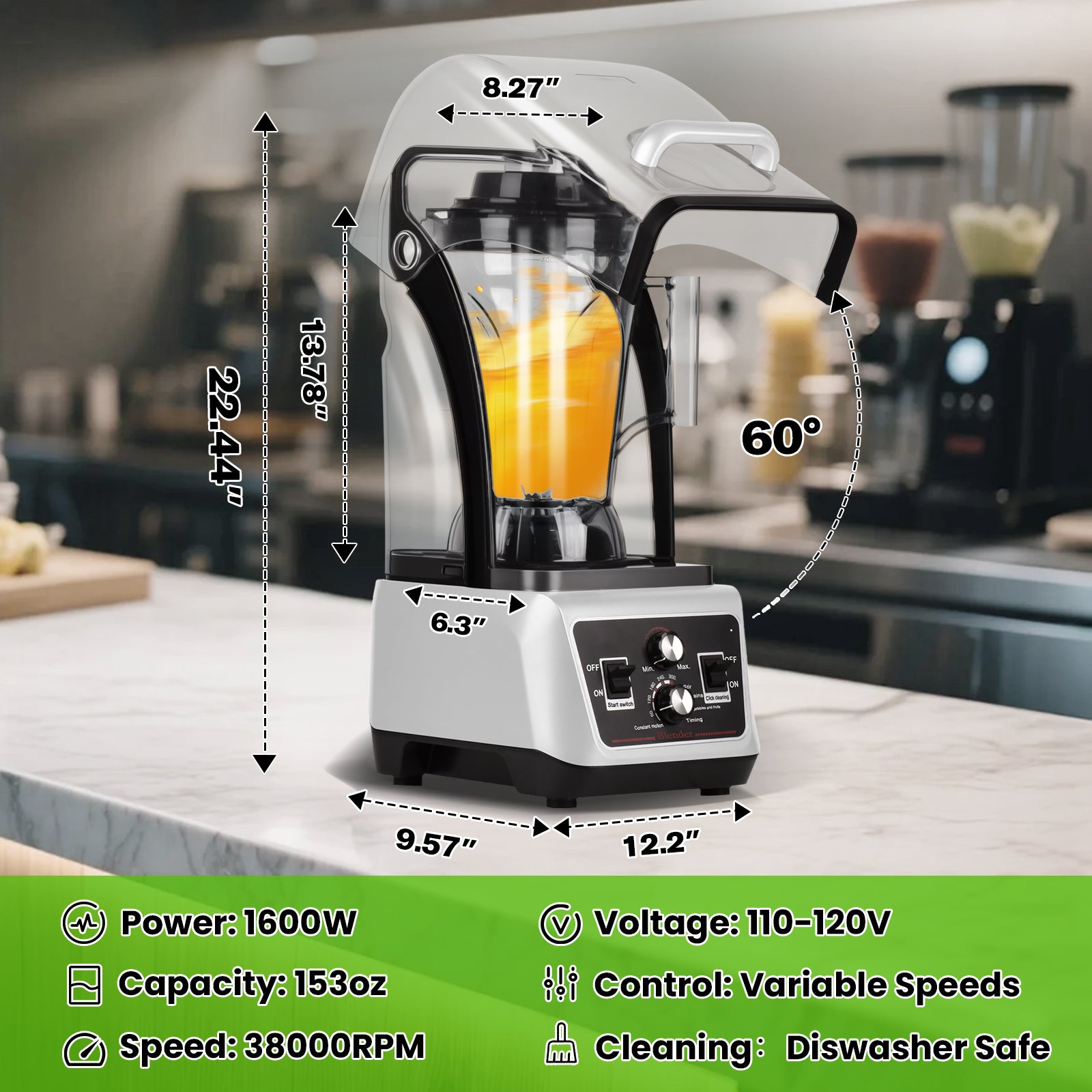 Advwin Commercial Blender with Soundproof Shield
