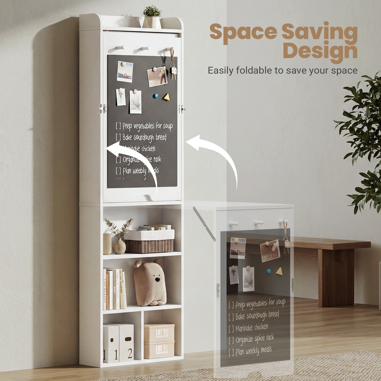 Foldable storage cabinet with space-saving design in a room setting.