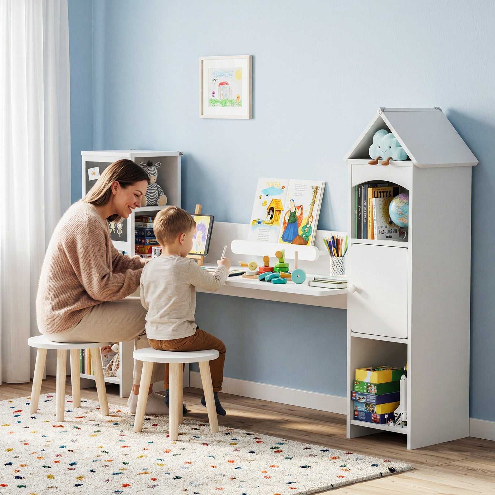 Advwin House-Shaped Kids Desk with Blackboard