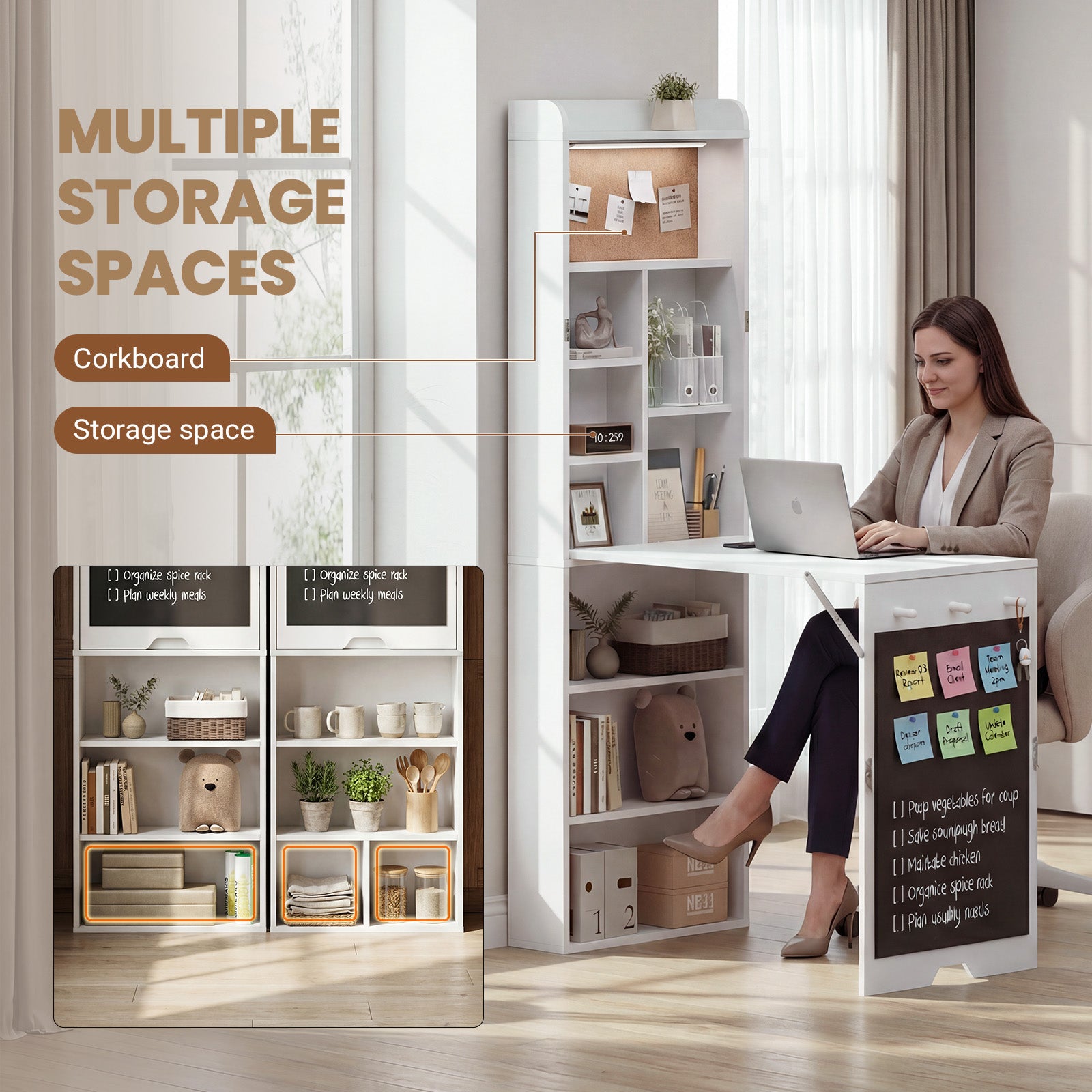 Person working at a desk with multiple storage spaces and corkboard in a home office setting.