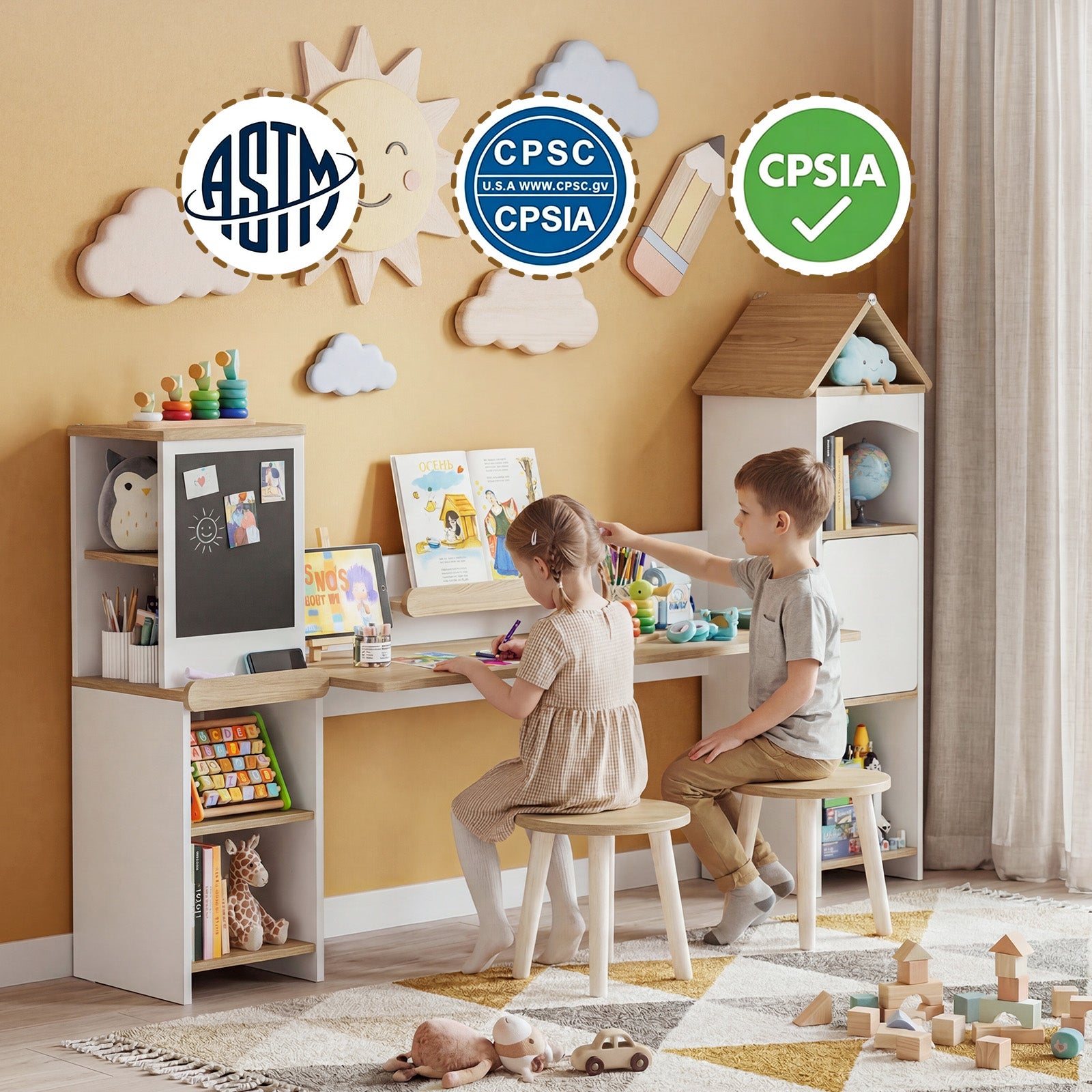 Advwin House-Shaped Kids Desk with Blackboard