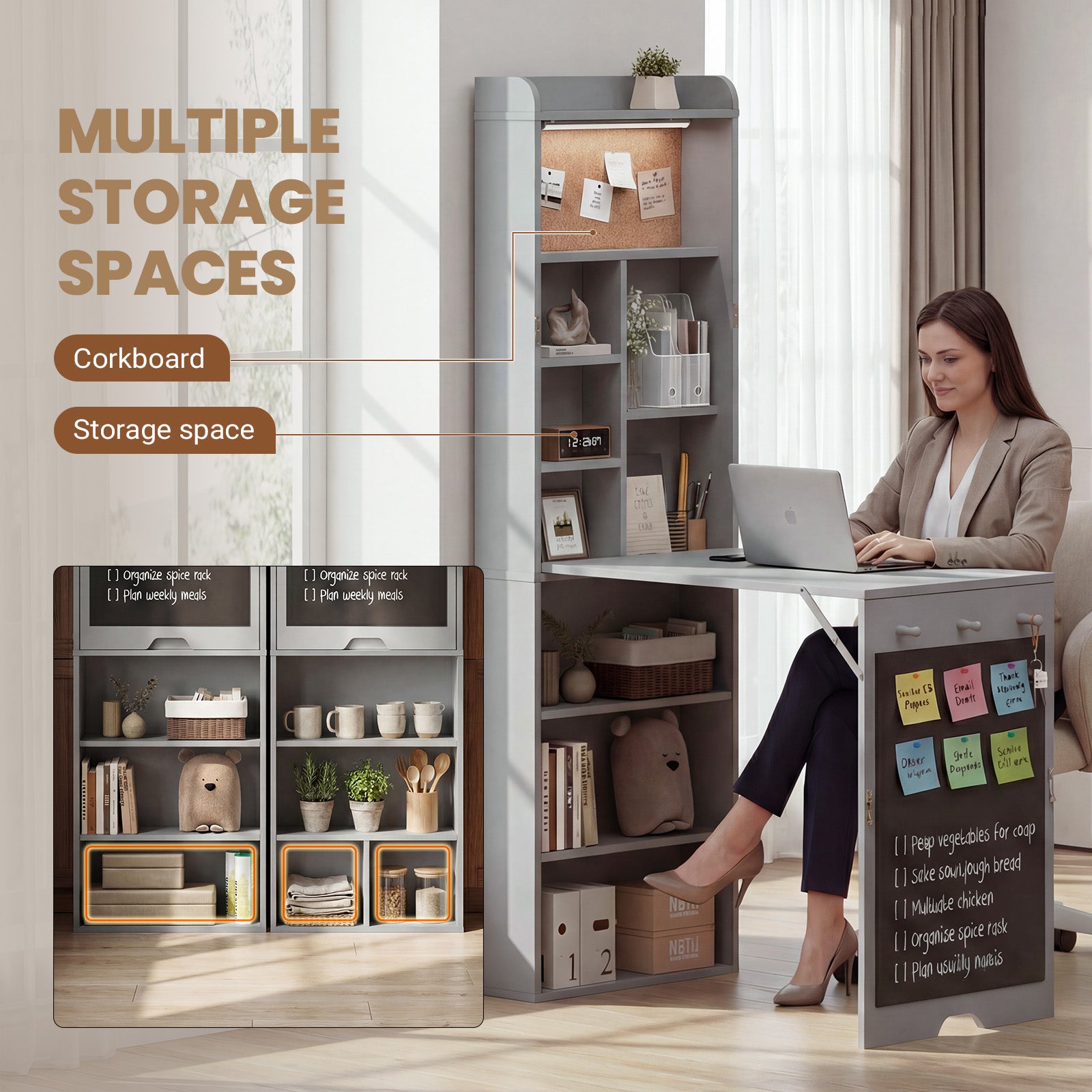 Person using a laptop at a desk with multiple storage spaces including a corkboard and storage shelves.