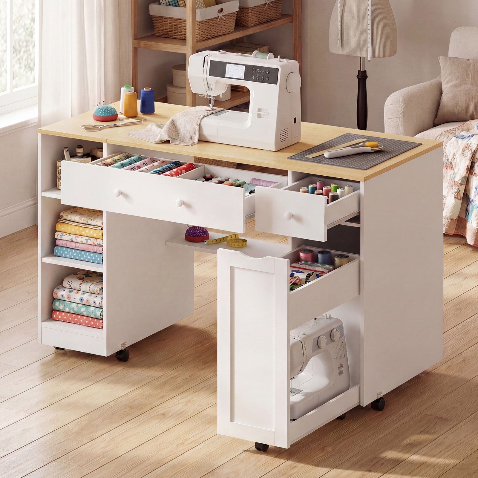 Advwin Rolling Craft Table w/ Adjustable Shelves