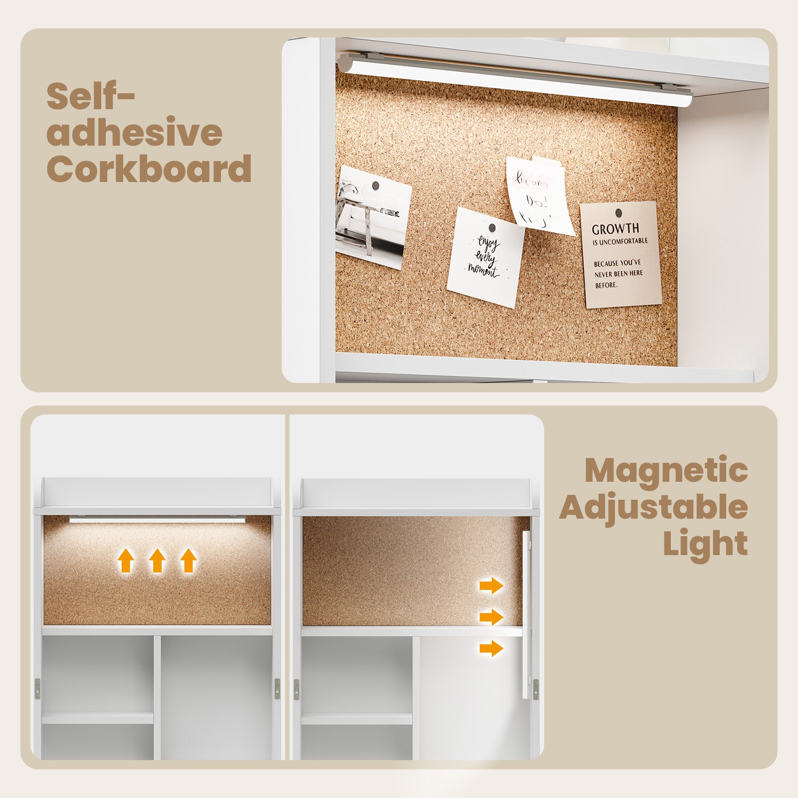 Collage of a self-adhesive corkboard with magnetic adjustable light feature.