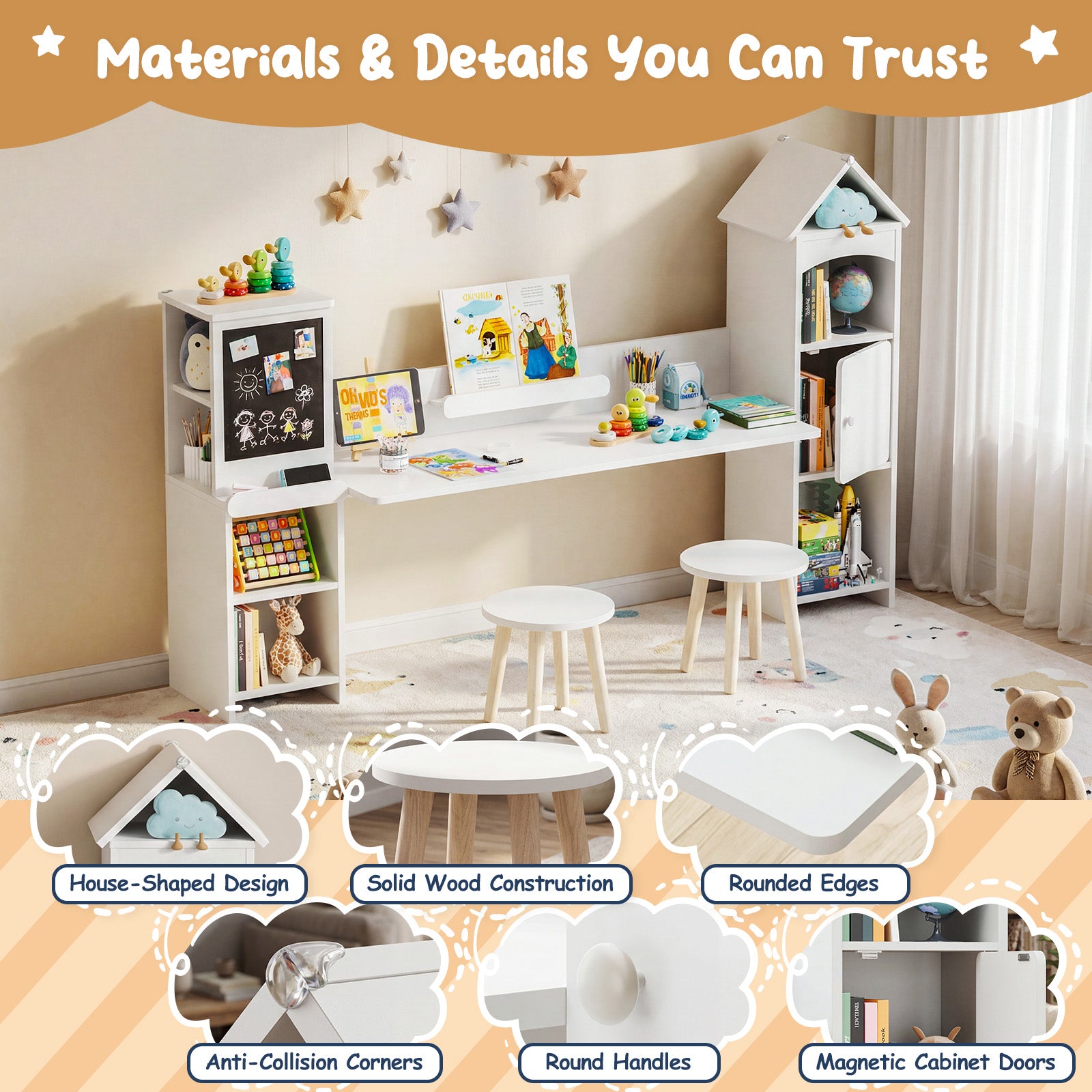 Advwin House-Shaped Kids Desk with Blackboard