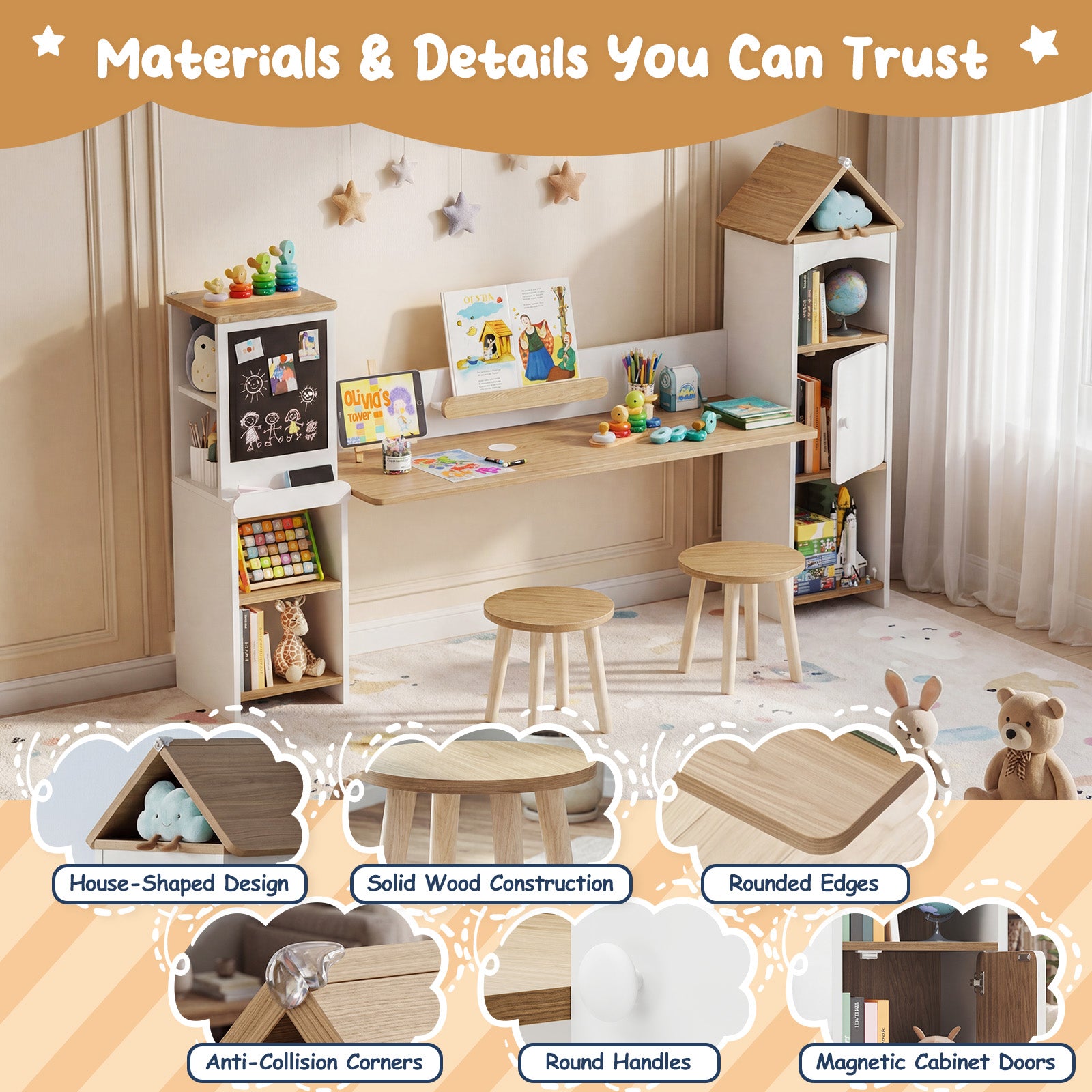 Advwin House-Shaped Kids Desk with Blackboard