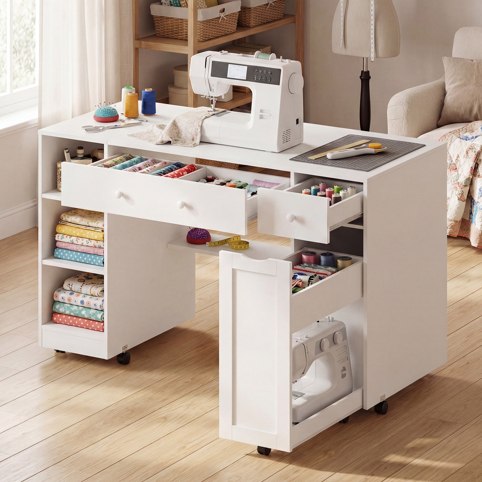 Advwin Rolling Craft Table w/ Adjustable Shelves