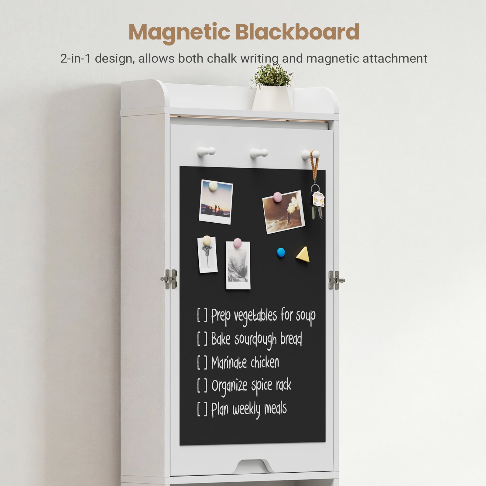 White cabinet with a magnetic blackboard door displaying notes and photos.
