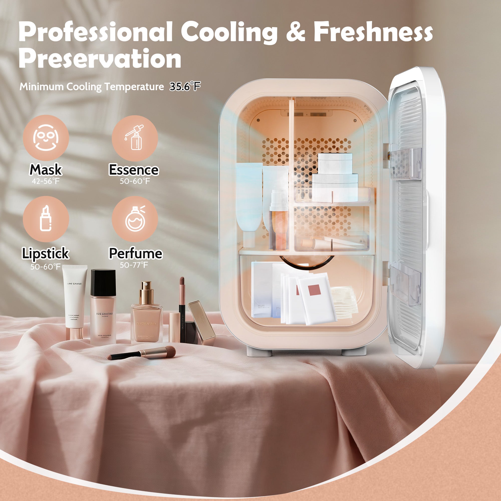 Small refrigerator for professional cooling and freshness preservation with cosmetic items on a table.