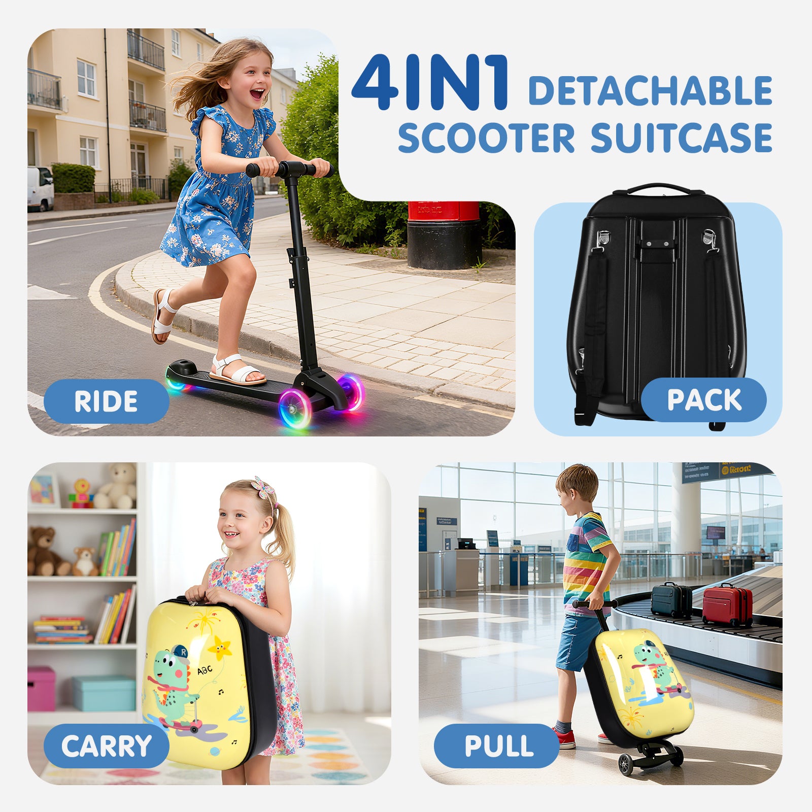 4-in-1 detachable scooter suitcase with children using it in various settings.
