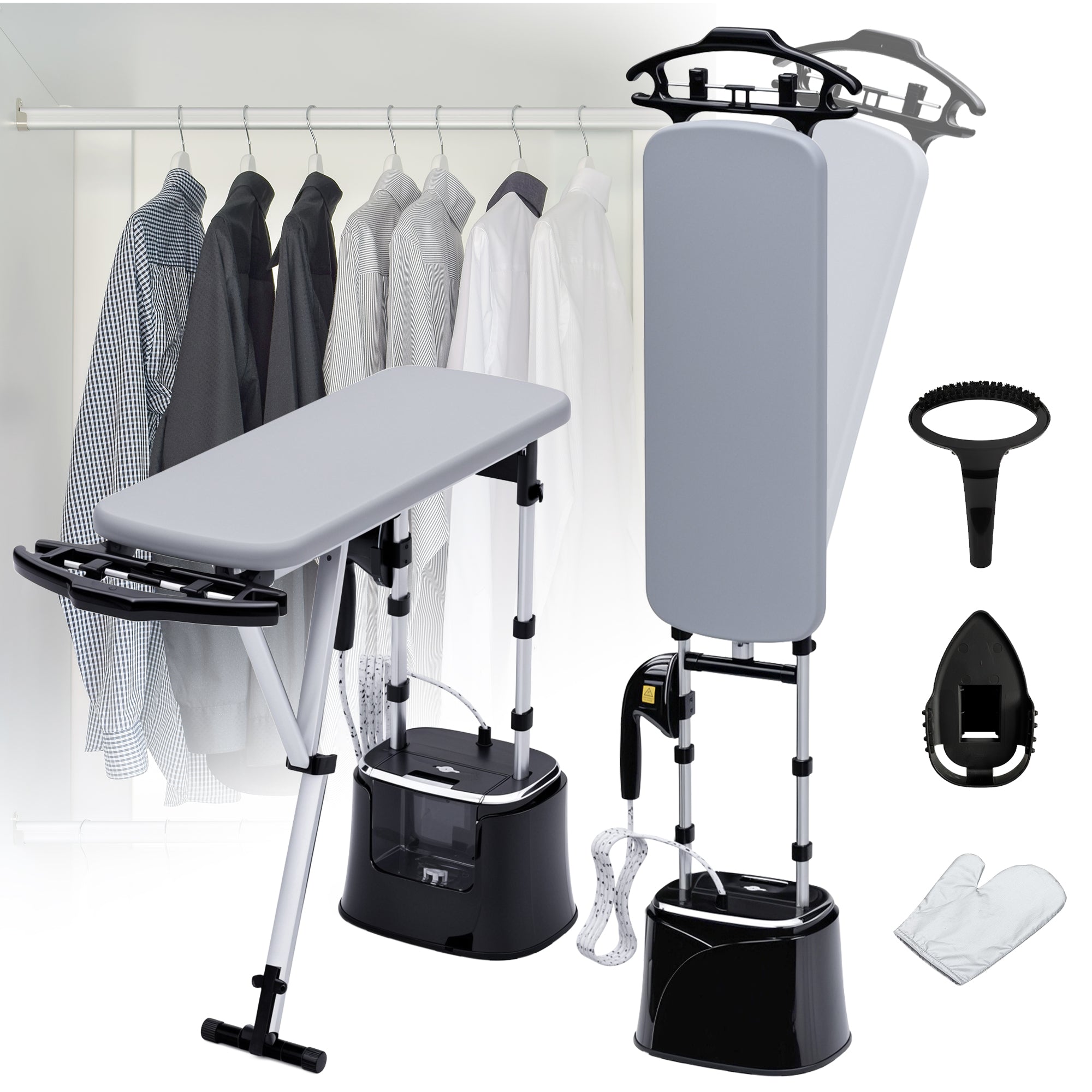 Portable ironing board with accessories on a white background