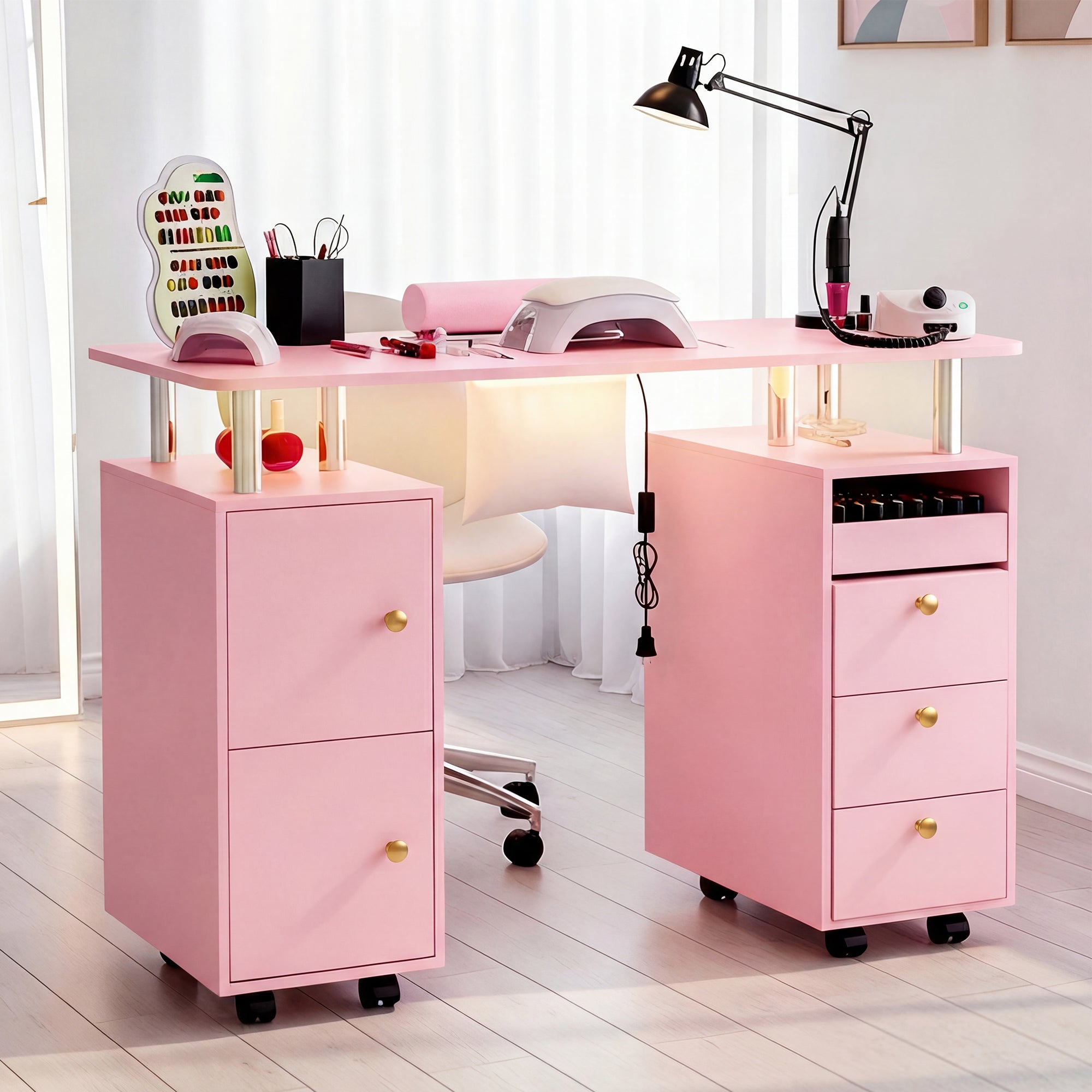 Advwin Nail Table w/ Dust Collector & Lockable Wheels Pink