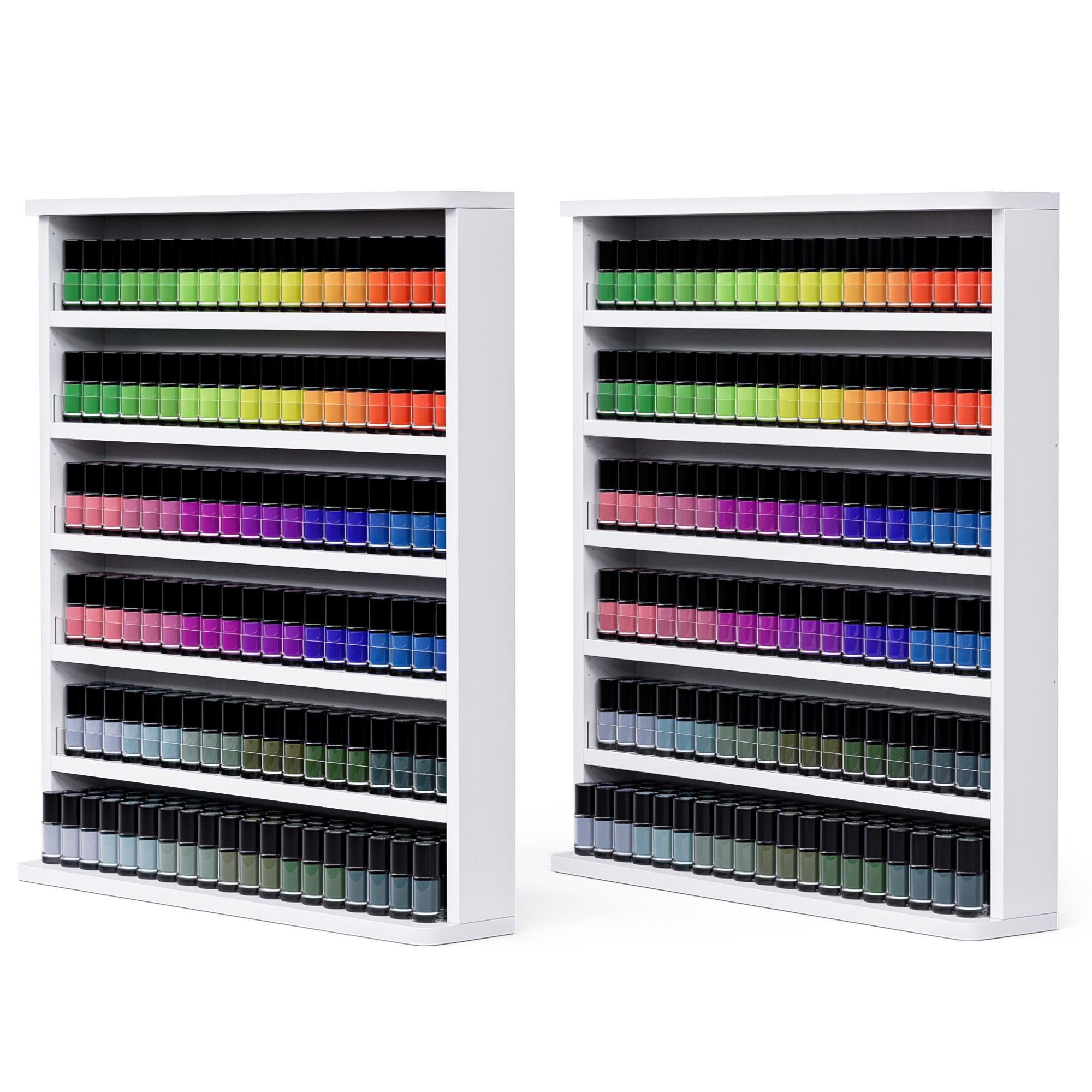 Two white shelves with colorful bottles on a white background