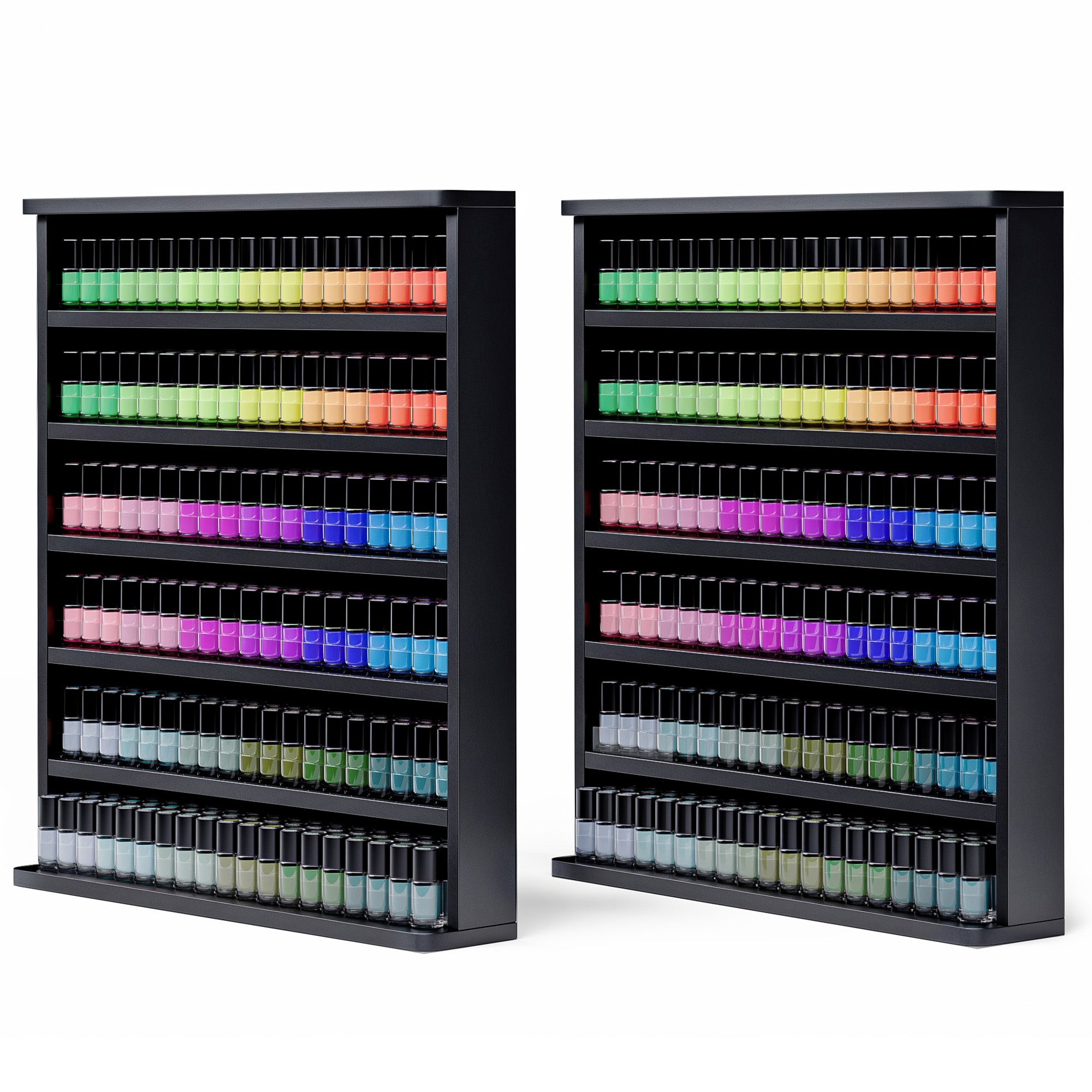 Two black nail polish racks filled with a variety of colorful nail polishes on a white background.