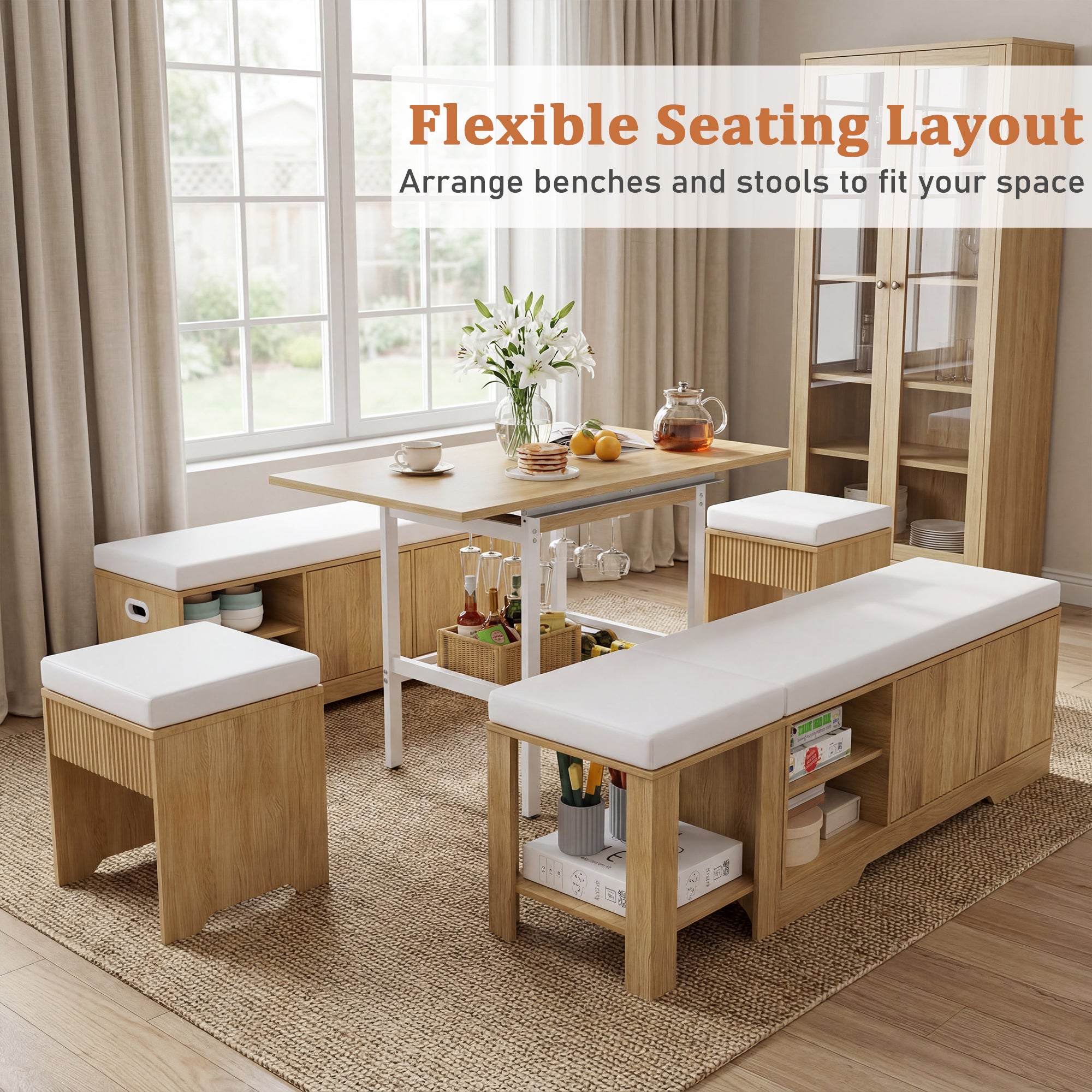 Wooden benches and stools with cushions arranged around a small table in a room with large windows.