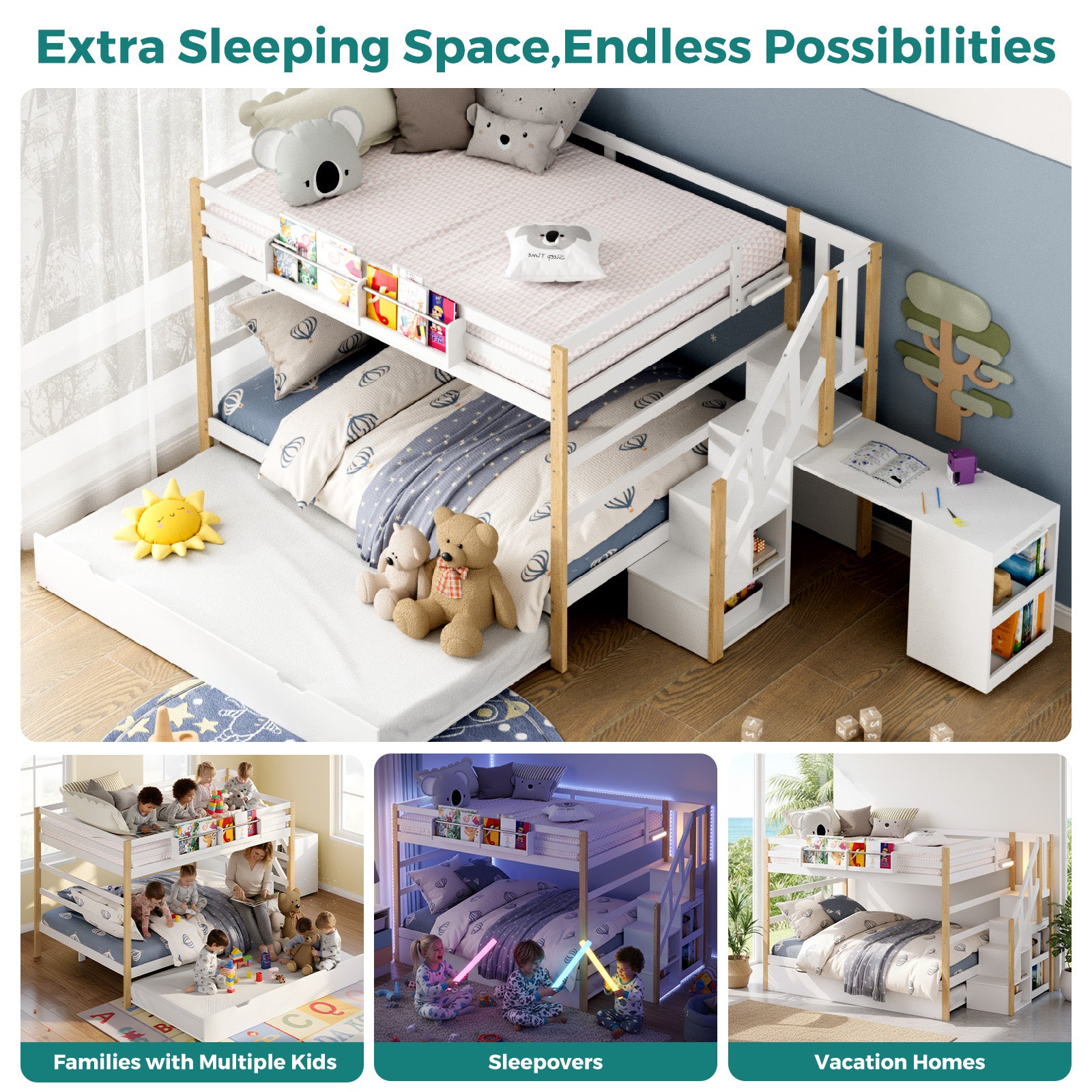 Multi-functional bunk bed with pull-out desk and storage drawers in a room setting.