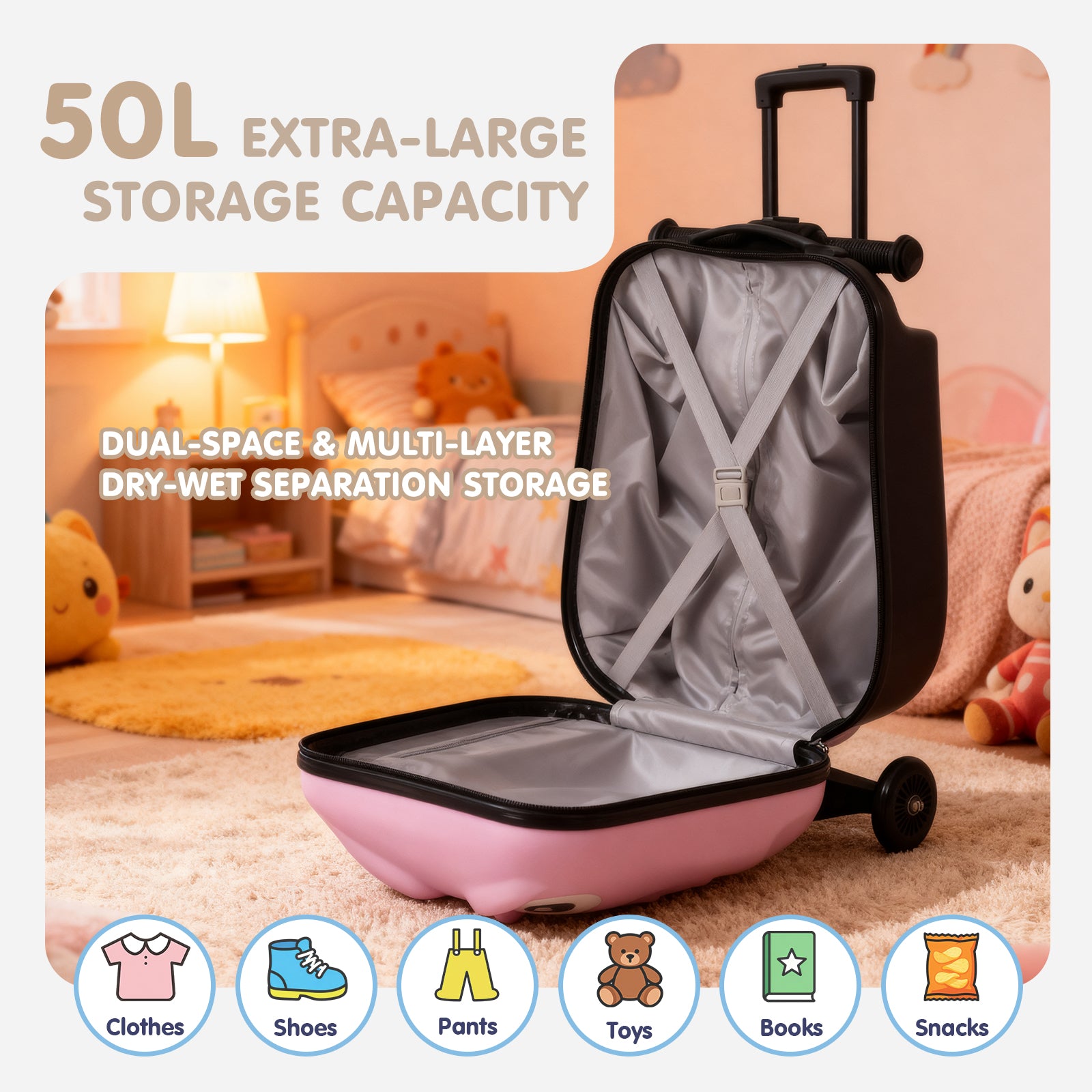 Pink suitcase with text about storage capacity and features, set against a bedroom background.