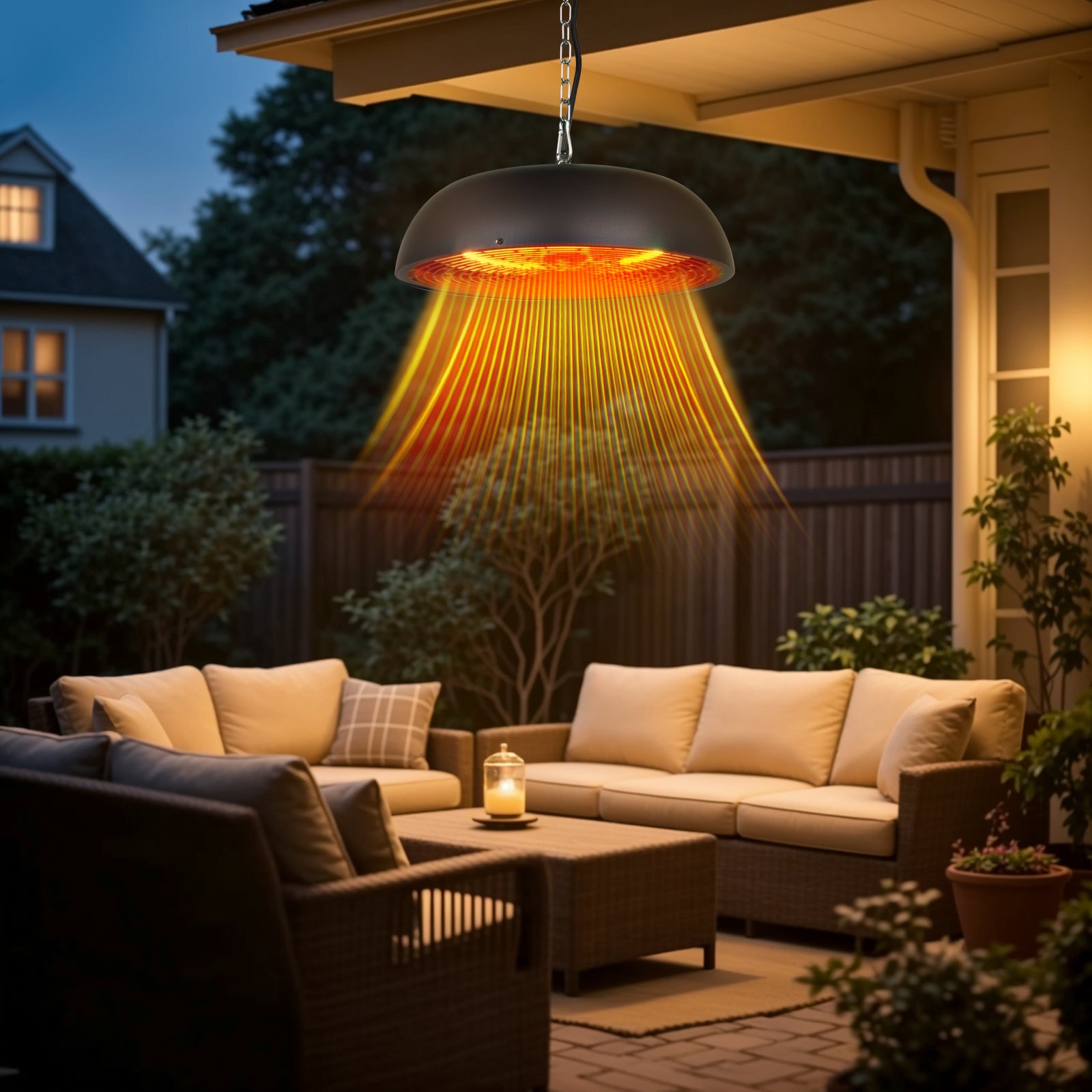 Outdoor patio with a heated lamp hanging above, evening setting