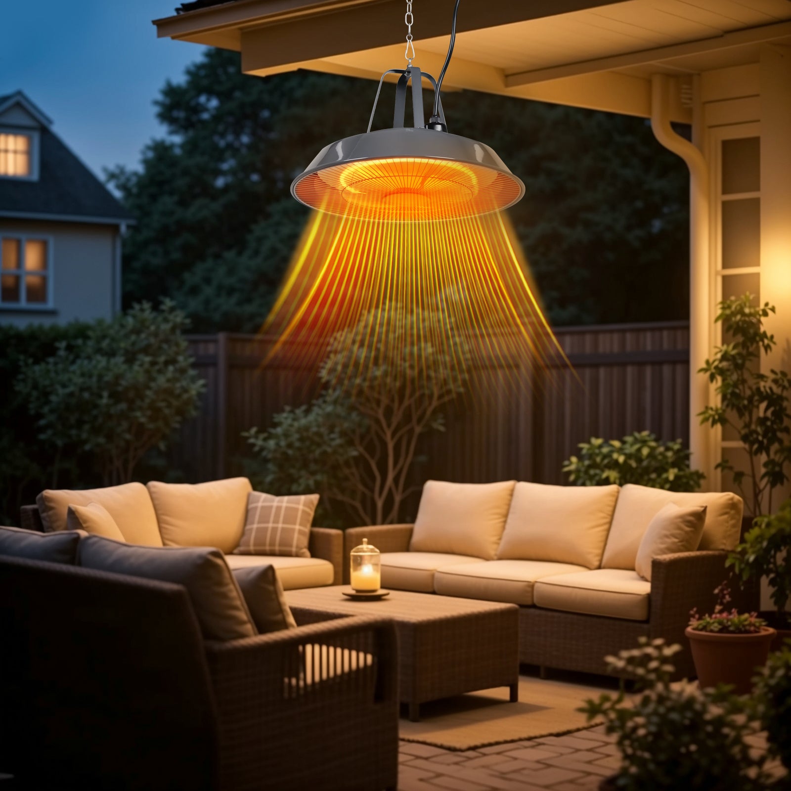 Outdoor patio heater illuminating a cozy seating area at night.