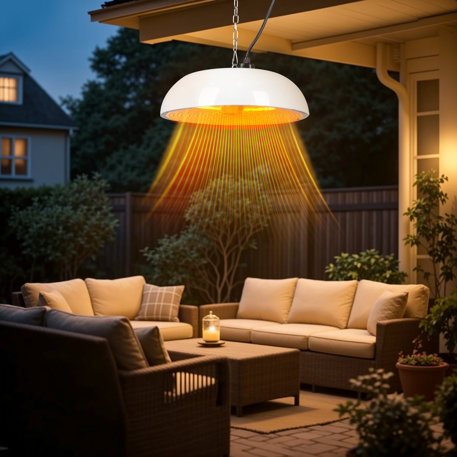 Outdoor patio with a hanging lamp emitting warm light, surrounded by furniture and plants.