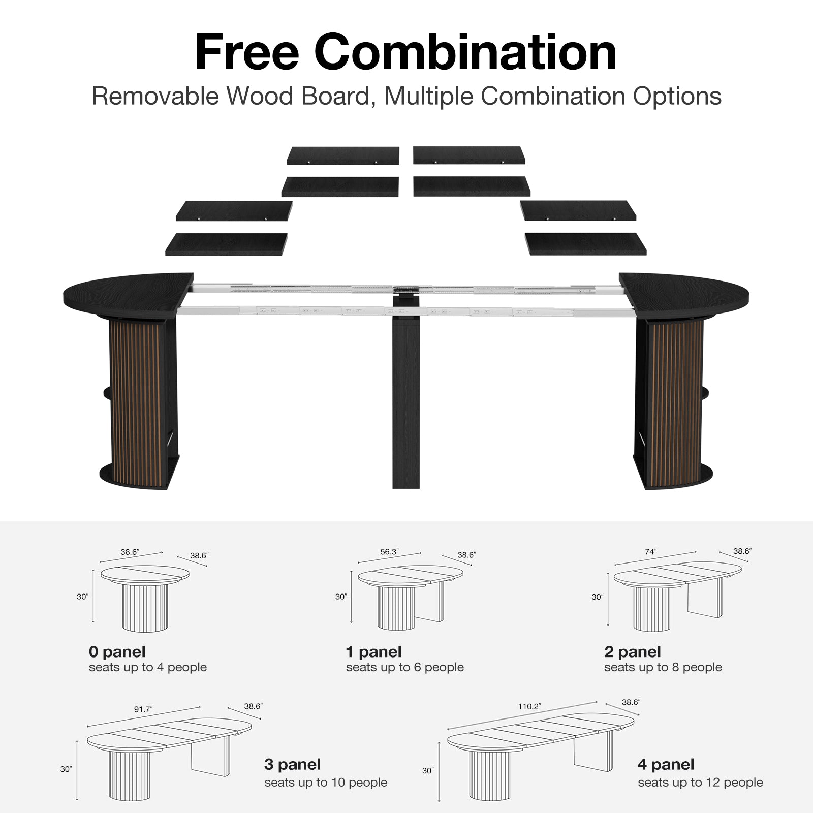 Diagram of a modular table system with removable wood boards and combination options.