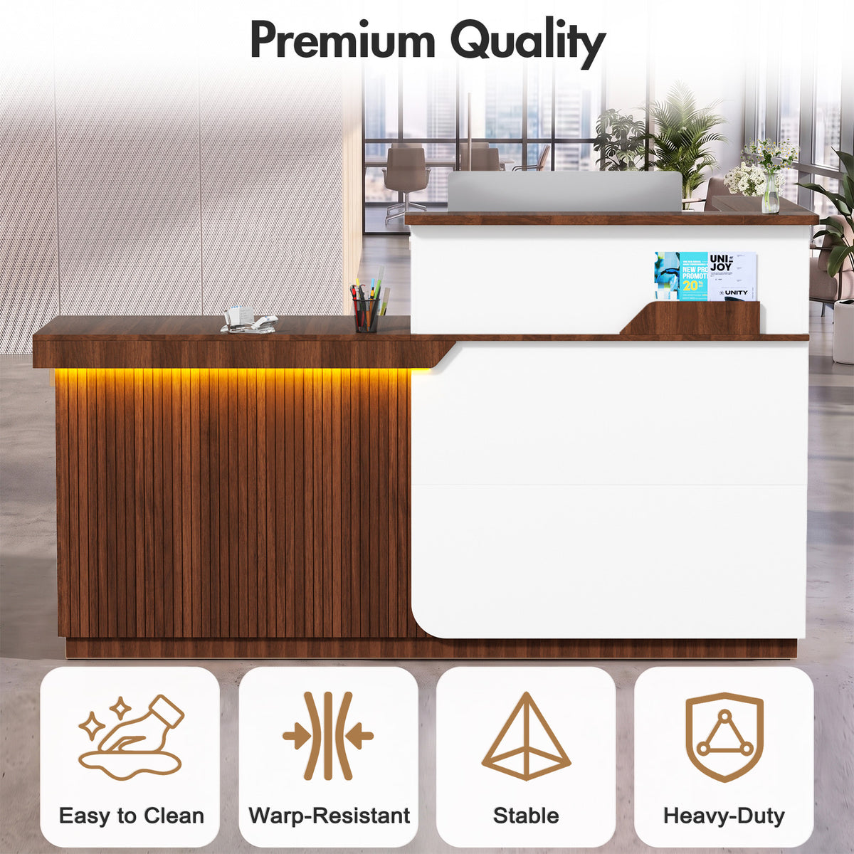 Advwin L-Shape Fluted Reception Desk w/ Counter & LED