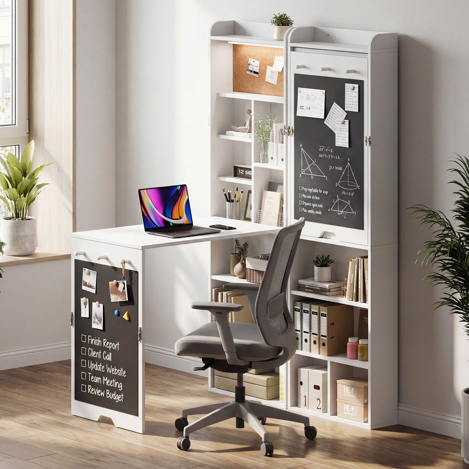 Modern home office with a white L-shaped desk, chair, and wall-mounted shelves.