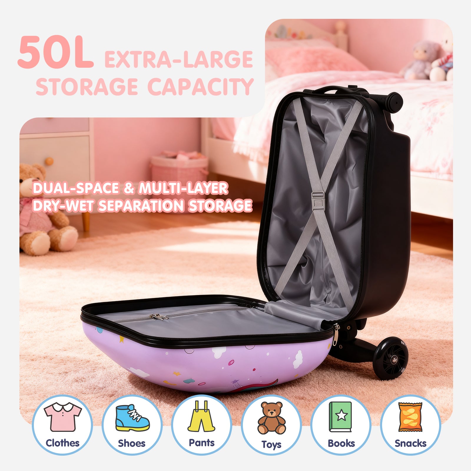 Pink storage bag with wheels on a wooden floor, labeled with storage capacity and features.