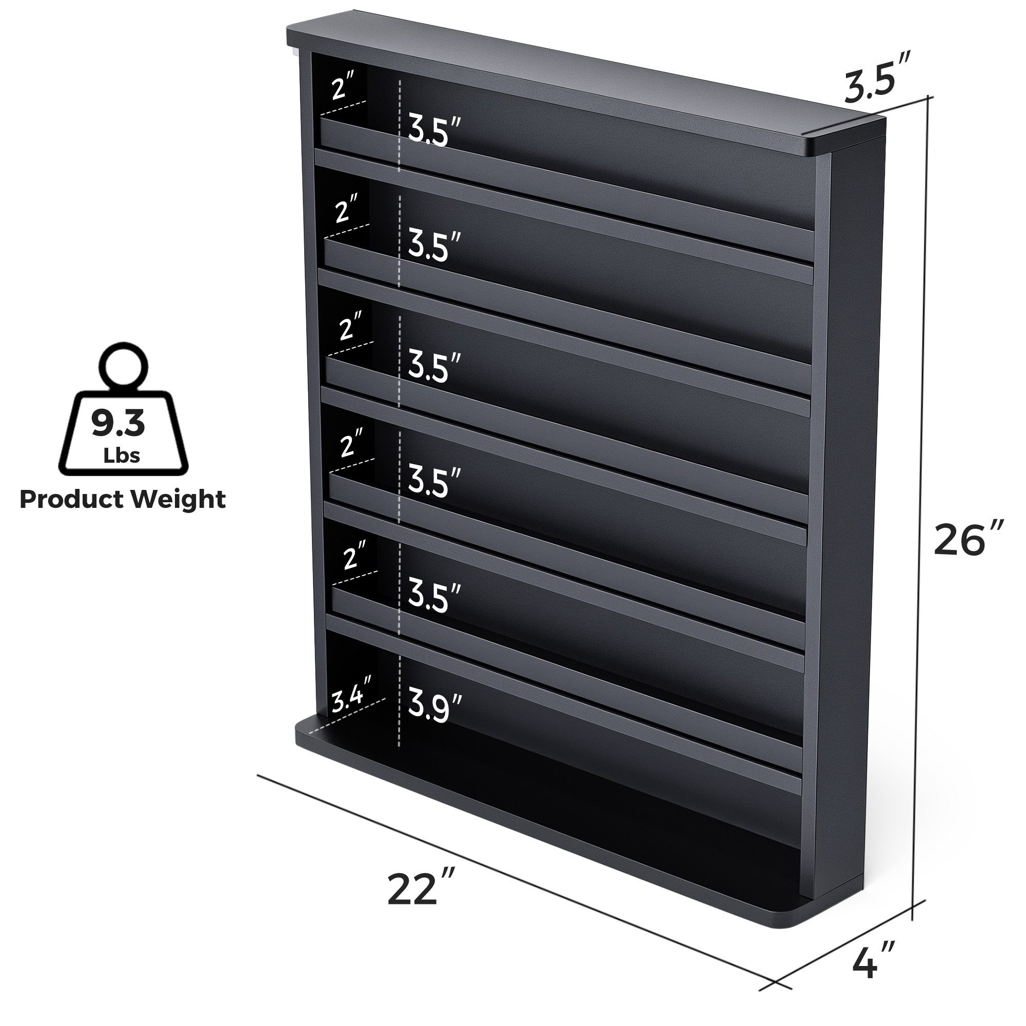 Black metal storage shelf with dimensions and weight label on a white background