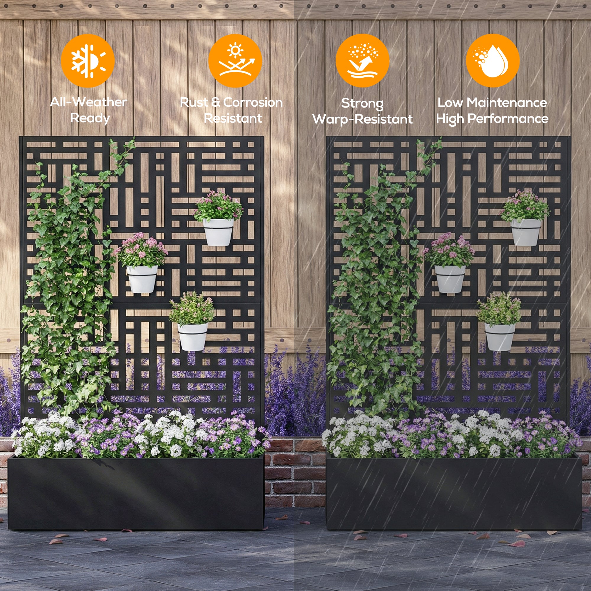 Decorative screen with plants and text highlighting features like all-weather readiness, rust & corrosion resistance, strength, and low maintenance.