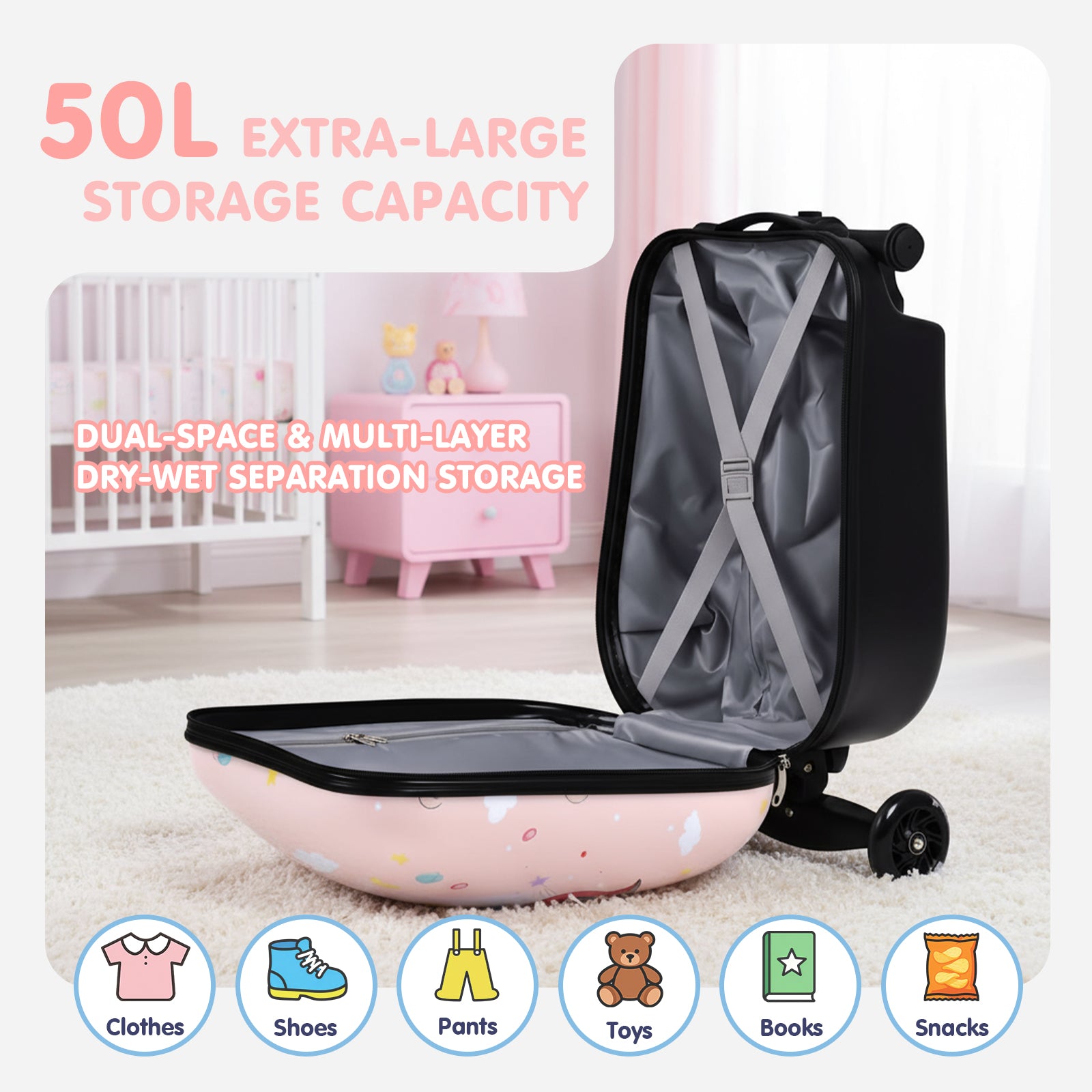Pink and black storage bag with text highlighting capacity and features, set against a room background.