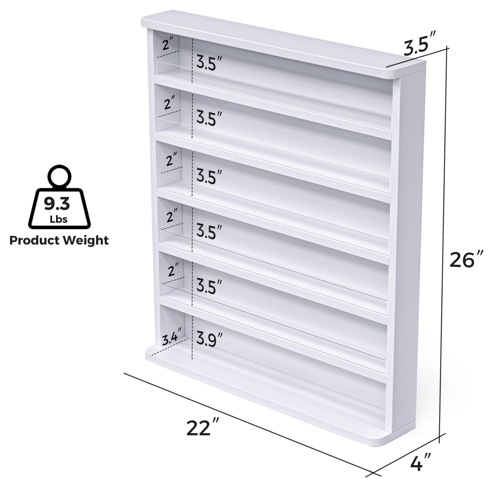 White wall-mounted shoe rack with dimensions and weight label on a white background