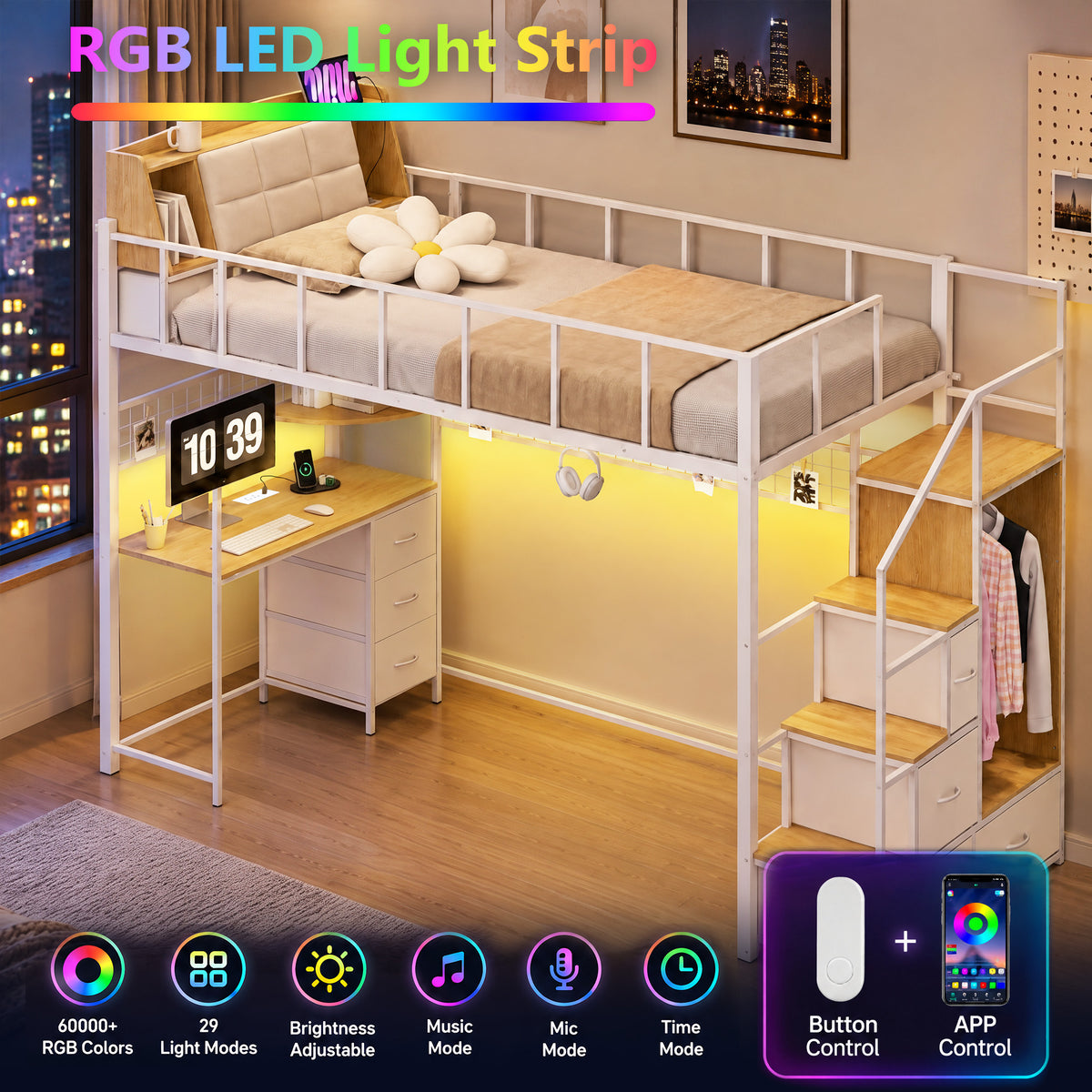 Advwin Loft Bed with Storage Headboard & Power Outlets