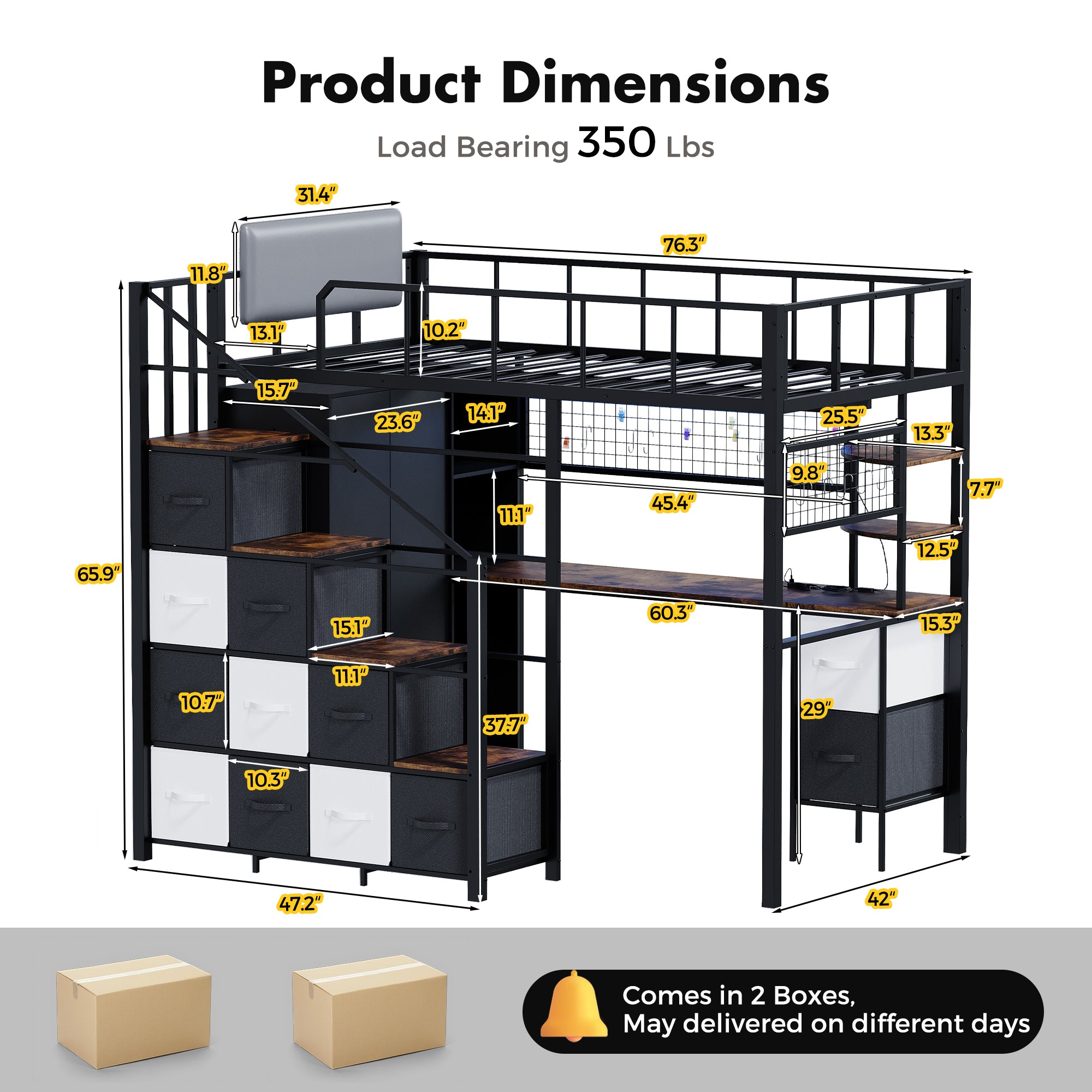 Advwin Space-Saving Loft Bed with LED Light & Drawers