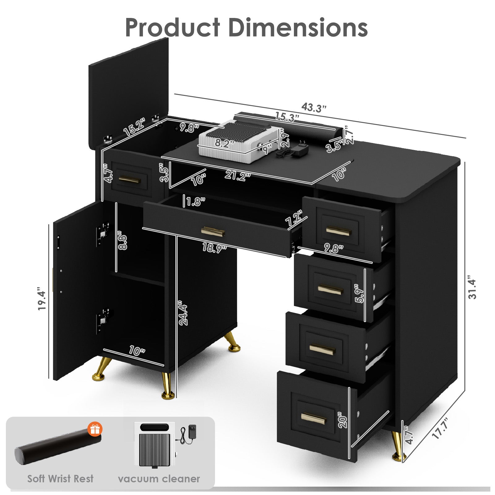 Black desk with dimensions labeled on a white background