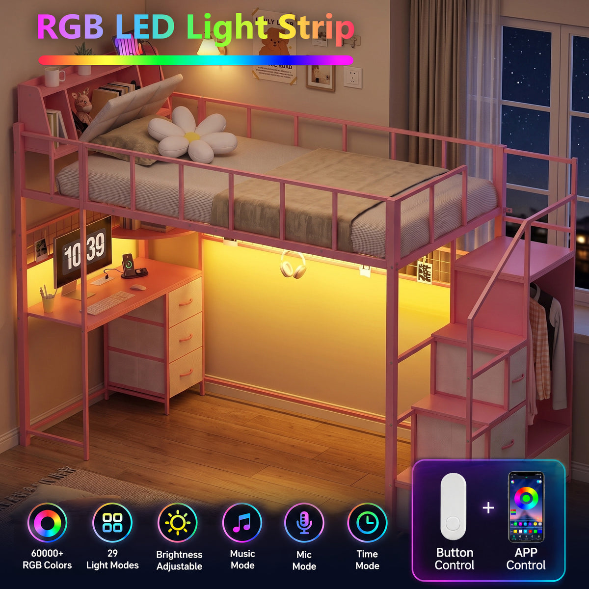 Advwin Loft Bed with Storage Headboard & Power Outlets
