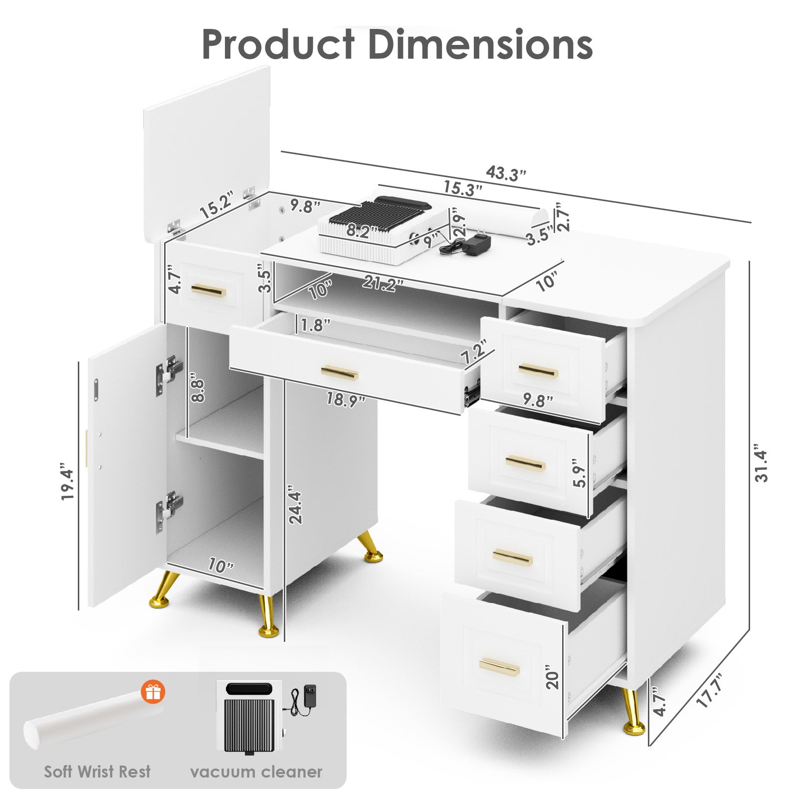 White desk with dimensions labeled on a white background