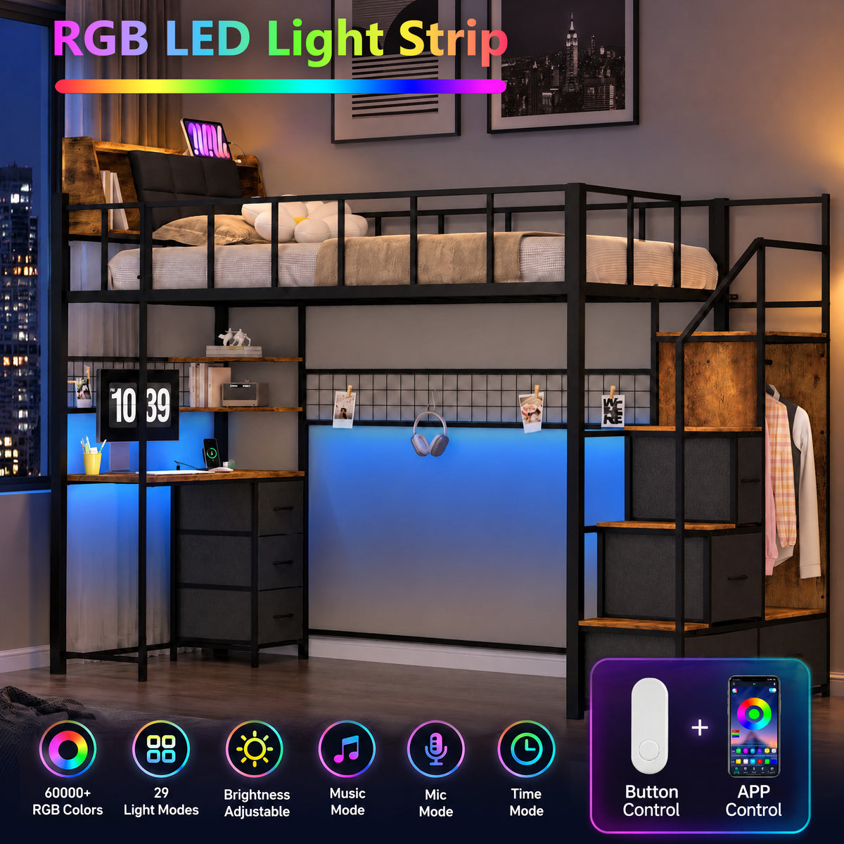 Advwin Loft Bed with Storage Headboard & Power Outlets