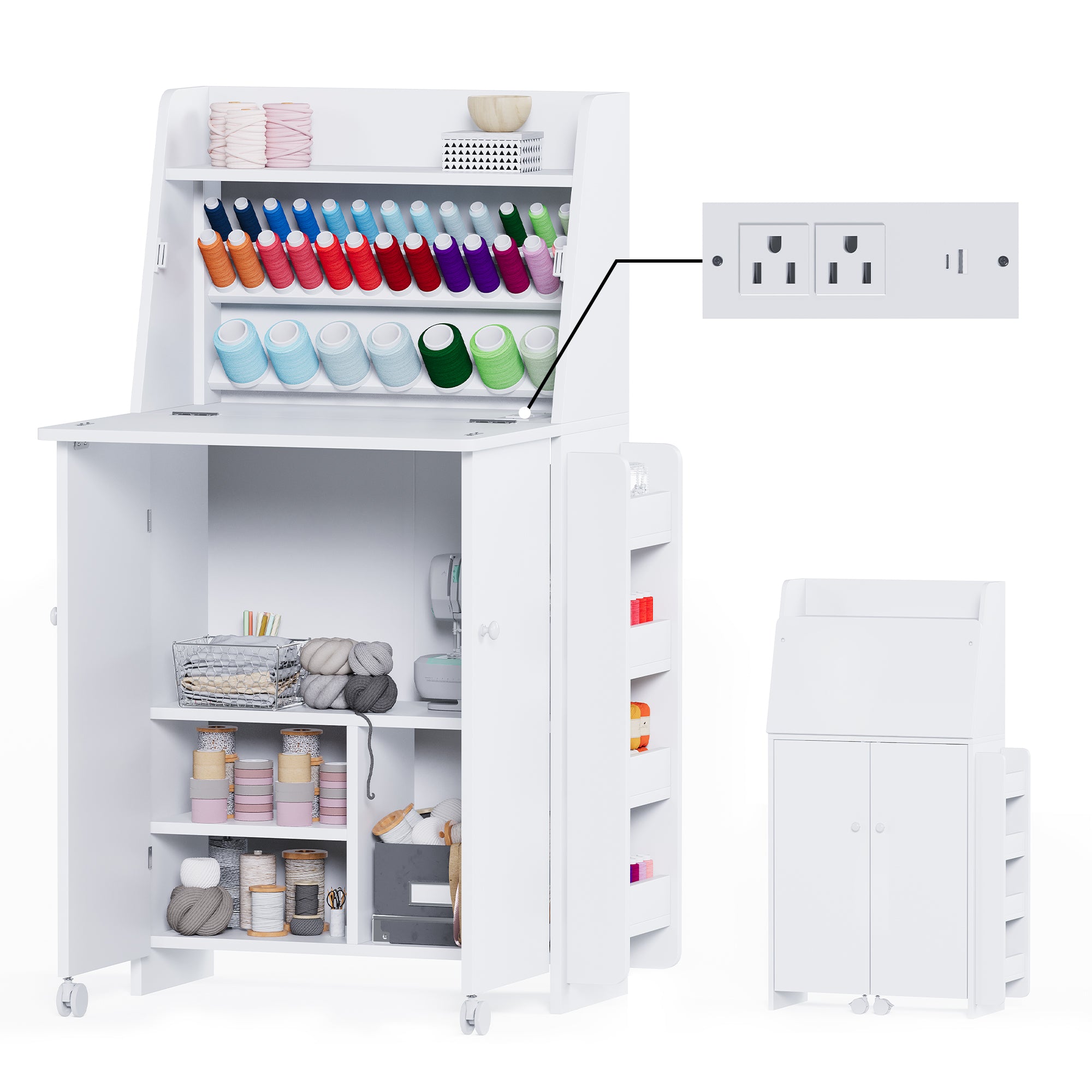 White sewing cabinet with colorful spools of thread and a power outlet on a white background