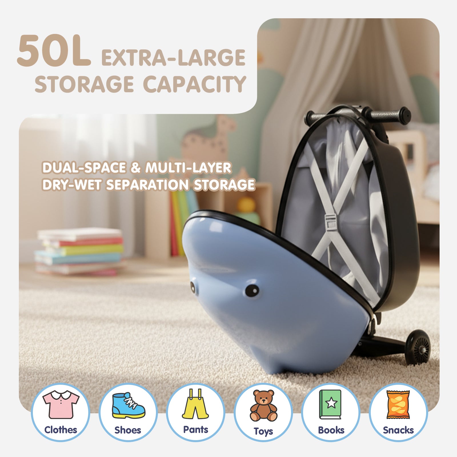Blue pet carrier with storage capacity features and icons on a neutral background