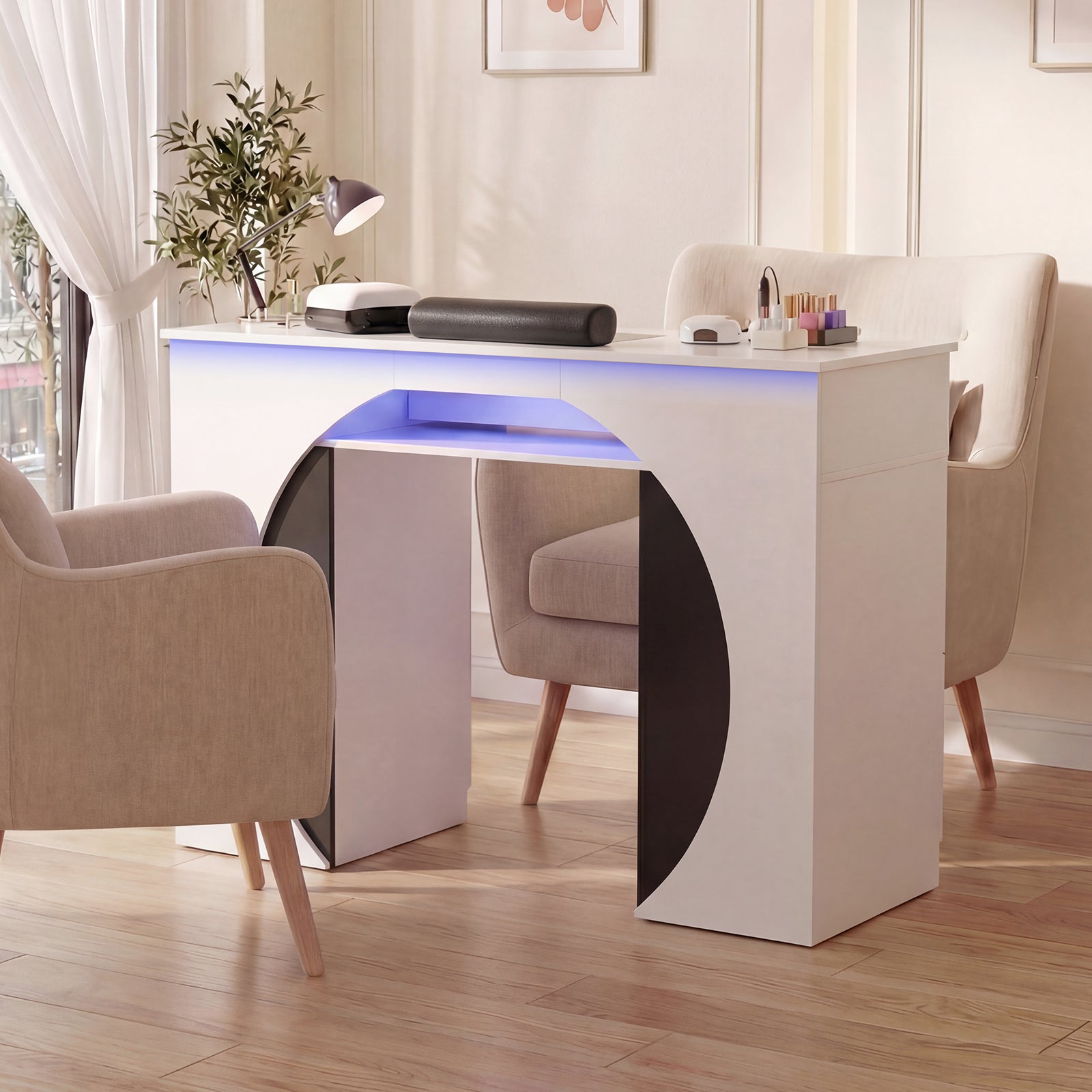 Modern white desk with LED lighting in a room with chairs and decor.