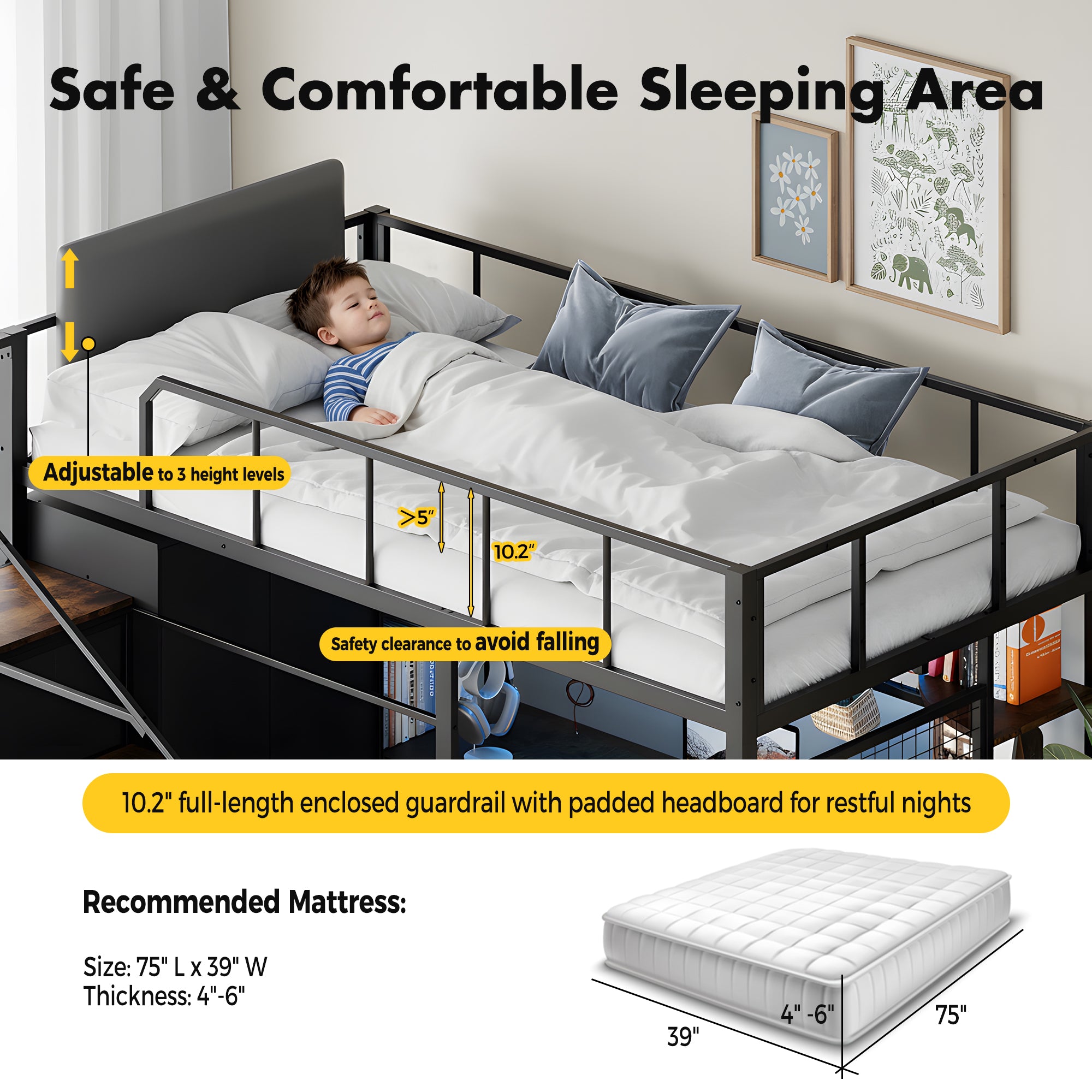 Advwin Space-Saving Loft Bed with LED Light & Drawers